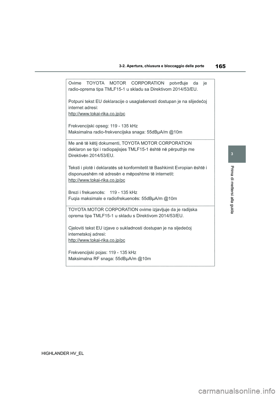 TOYOTA HIGHLANDER 2020  Manuale duso (in Italian) 165
3 
3-2. Apertura, chiusura e bloccaggio delle porte
Prima di mettersi alla guida
HIGHLANDER HV_EL 