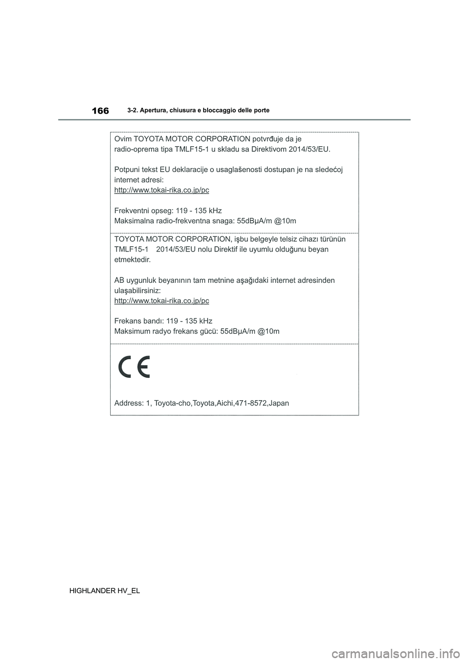 TOYOTA HIGHLANDER 2020  Manuale duso (in Italian) 1663-2. Apertura, chiusura e bloccaggio delle porte
HIGHLANDER HV_EL 