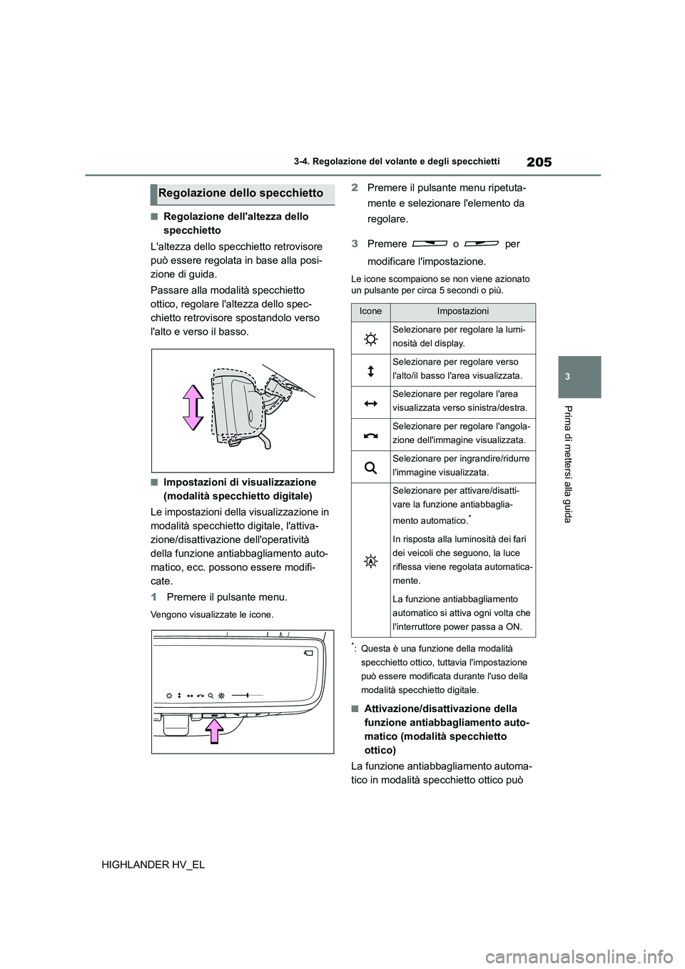 TOYOTA HIGHLANDER 2020  Manuale duso (in Italian) 205
3 
3-4. Regolazione del volante e degli specchietti
Prima di mettersi alla guida
HIGHLANDER HV_EL
■Regolazione dellaltezza dello  
specchietto 
Laltezza dello specchietto retrovisore  
può es