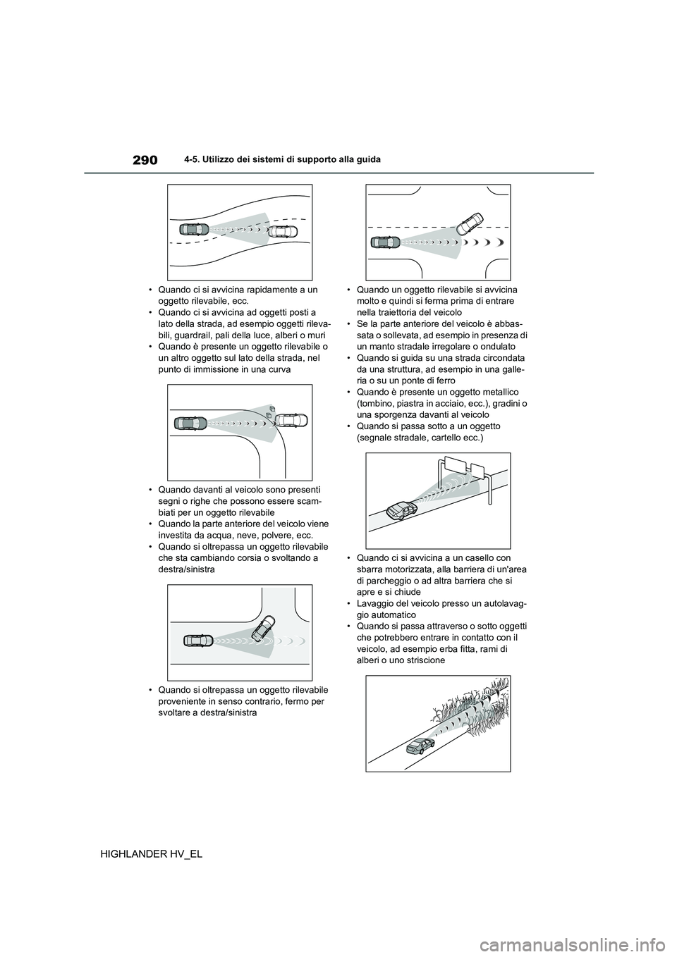 TOYOTA HIGHLANDER 2020 Manuale duso (in Italian) 2904-5. Utilizzo dei sistemi di supporto alla guida
HIGHLANDER HV_EL
• Quando ci si avvicina rapidamente a un oggetto rilevabile, ecc.
• Quando ci si avvicina ad oggetti posti a
lato della stra TOYOTA HIGHLANDER 2020 Manuale duso (in Italian) 2904-5. Utilizzo dei sistemi di supporto alla guida
HIGHLANDER HV_EL
• Quando ci si avvicina rapidamente a un oggetto rilevabile, ecc.
• Quando ci si avvicina ad oggetti posti a
lato della stra