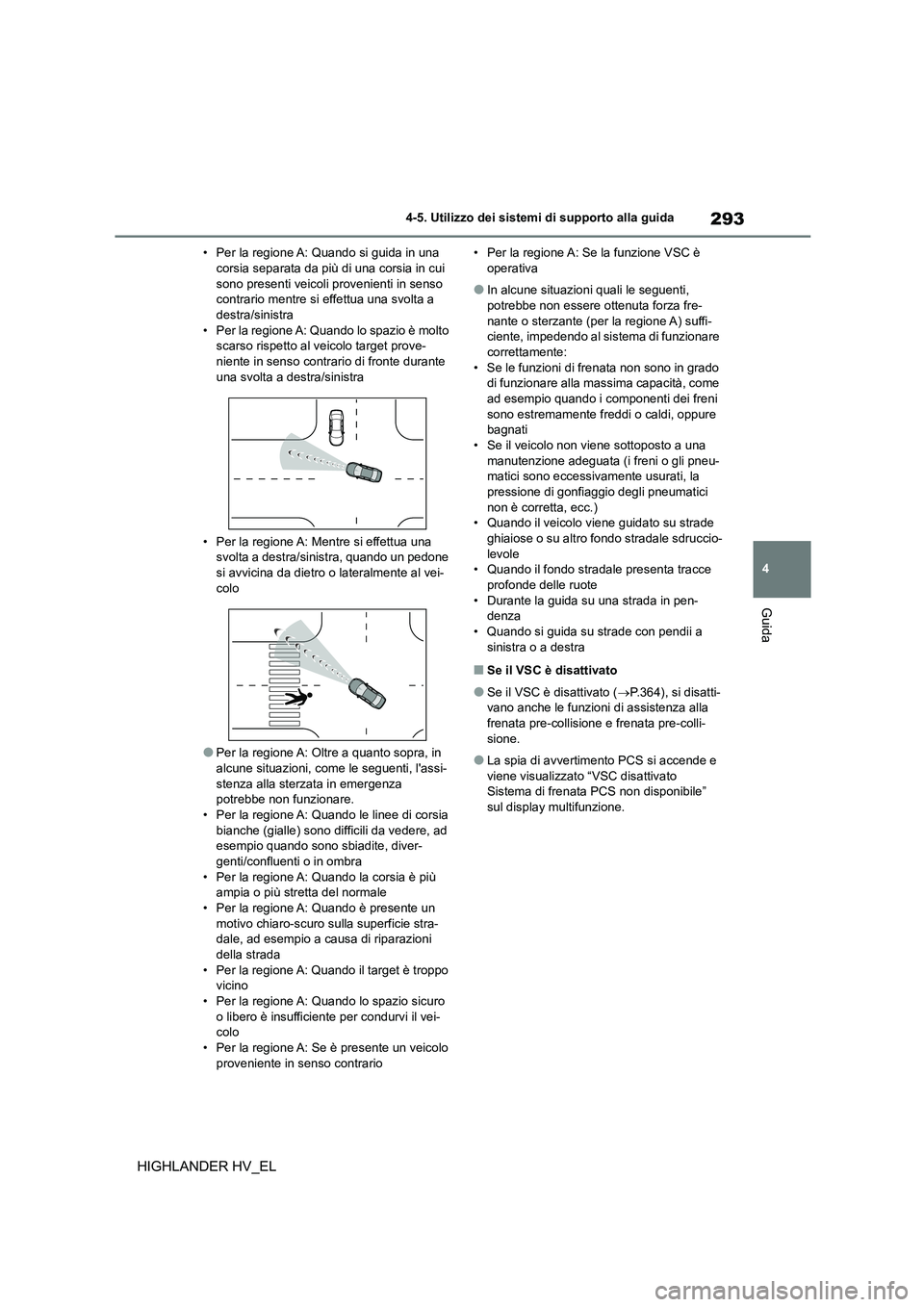 TOYOTA HIGHLANDER 2020 Manuale duso (in Italian) 293
4
4-5. Utilizzo dei sistemi di supporto alla guida
Guida
HIGHLANDER HV_EL
• Per la regione A: Quando si guida in una corsia separata da più di una corsia in cui
sono presenti veicoli prove TOYOTA HIGHLANDER 2020 Manuale duso (in Italian) 293
4
4-5. Utilizzo dei sistemi di supporto alla guida
Guida
HIGHLANDER HV_EL
• Per la regione A: Quando si guida in una corsia separata da più di una corsia in cui
sono presenti veicoli prove