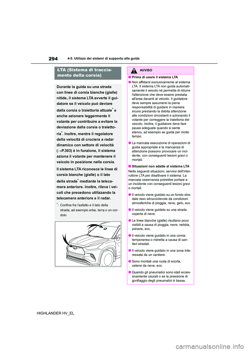 TOYOTA HIGHLANDER 2020 Manuale duso (in Italian) 2944-5. Utilizzo dei sistemi di supporto alla guida
HIGHLANDER HV_EL
LTA (Sistema di traccia-
mento della corsia)
Durante la guida su una strada
con linee di corsia bianche (gialle)
nitide, il sis TOYOTA HIGHLANDER 2020 Manuale duso (in Italian) 2944-5. Utilizzo dei sistemi di supporto alla guida
HIGHLANDER HV_EL
LTA (Sistema di traccia-
mento della corsia)
Durante la guida su una strada
con linee di corsia bianche (gialle)
nitide, il sis