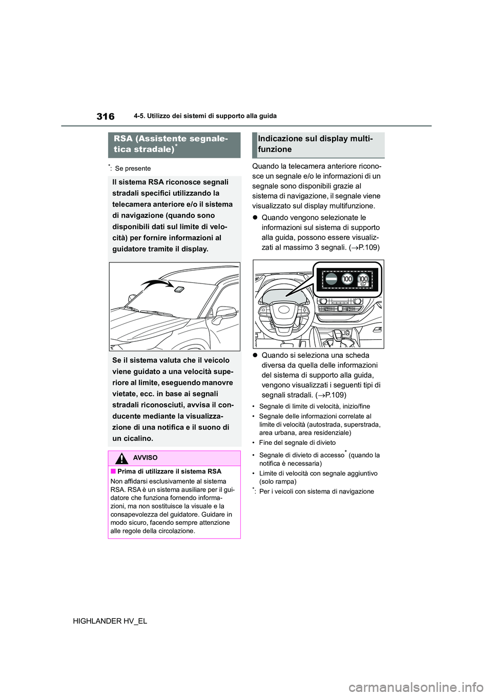 TOYOTA HIGHLANDER 2020  Manuale duso (in Italian) 3164-5. Utilizzo dei sistemi di supporto alla guida
HIGHLANDER HV_EL
*: Se presenteQuando la telecamera anteriore ricono- 
sce un segnale e/o le informazioni di un 
segnale sono disponibili grazie al 
