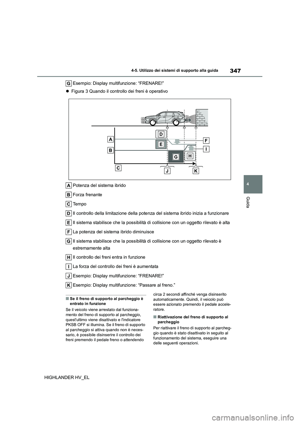TOYOTA HIGHLANDER 2020 Manuale duso (in Italian) 347
4
4-5. Utilizzo dei sistemi di supporto alla guida
Guida
HIGHLANDER HV_EL
Esempio: Display multifunzione: “FRENARE!”
Figura 3 Quando il controllo dei freni è operativo
Potenza del sis TOYOTA HIGHLANDER 2020 Manuale duso (in Italian) 347
4
4-5. Utilizzo dei sistemi di supporto alla guida
Guida
HIGHLANDER HV_EL
Esempio: Display multifunzione: “FRENARE!”
Figura 3 Quando il controllo dei freni è operativo
Potenza del sis