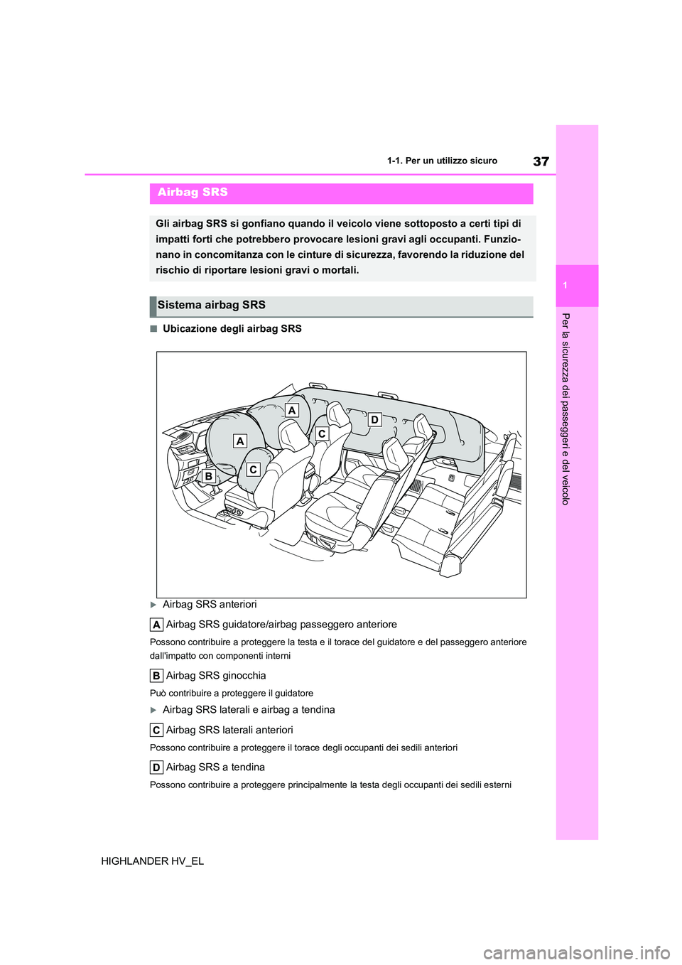 TOYOTA HIGHLANDER 2020  Manuale duso (in Italian) 37
1 
1-1. Per un utilizzo sicuro
Per la sicurezza dei passeggeri e del veicolo
HIGHLANDER HV_EL
■Ubicazione degli airbag SRS
Airbag SRS anteriori 
Airbag SRS guidatore/airbag passeggero anterior