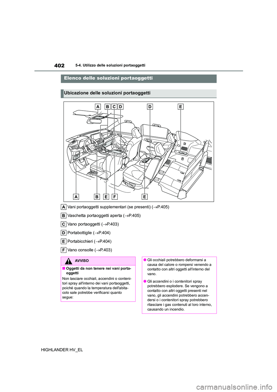 TOYOTA HIGHLANDER 2020  Manuale duso (in Italian) 4025-4. Utilizzo delle soluzioni portaoggetti
HIGHLANDER HV_EL
5-4.Utilizzo delle soluzioni portaoggetti
Vani portaoggetti supplementari (se presenti) (P.405) 
Vaschetta portaoggetti aperta ( P.