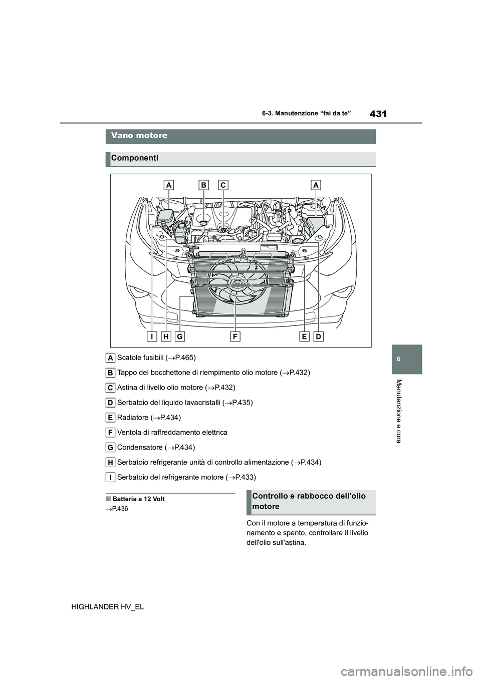 TOYOTA HIGHLANDER 2020  Manuale duso (in Italian) 431
6 
6-3. Manutenzione “fai da te”
Manutenzione e cura
HIGHLANDER HV_EL 
Scatole fusibili ( P.465) 
Tappo del bocchettone di riempimento olio motore ( P.432) 
Astina di livello olio motore