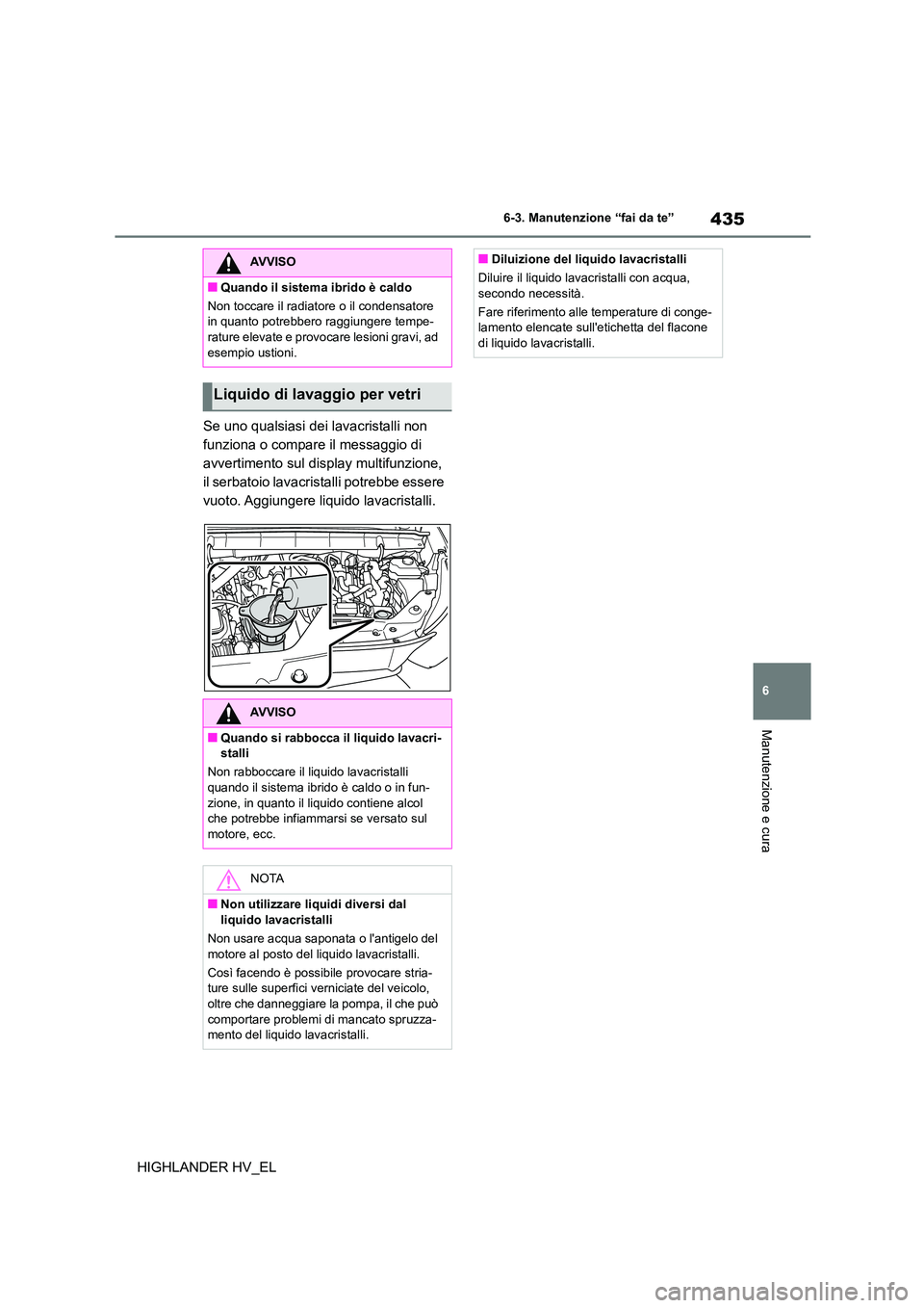 TOYOTA HIGHLANDER 2020  Manuale duso (in Italian) 435
6 
6-3. Manutenzione “fai da te”
Manutenzione e cura
HIGHLANDER HV_EL 
Se uno qualsiasi dei lavacristalli non  
funziona o compare il messaggio di 
avvertimento sul disp lay multifunzione,  
i