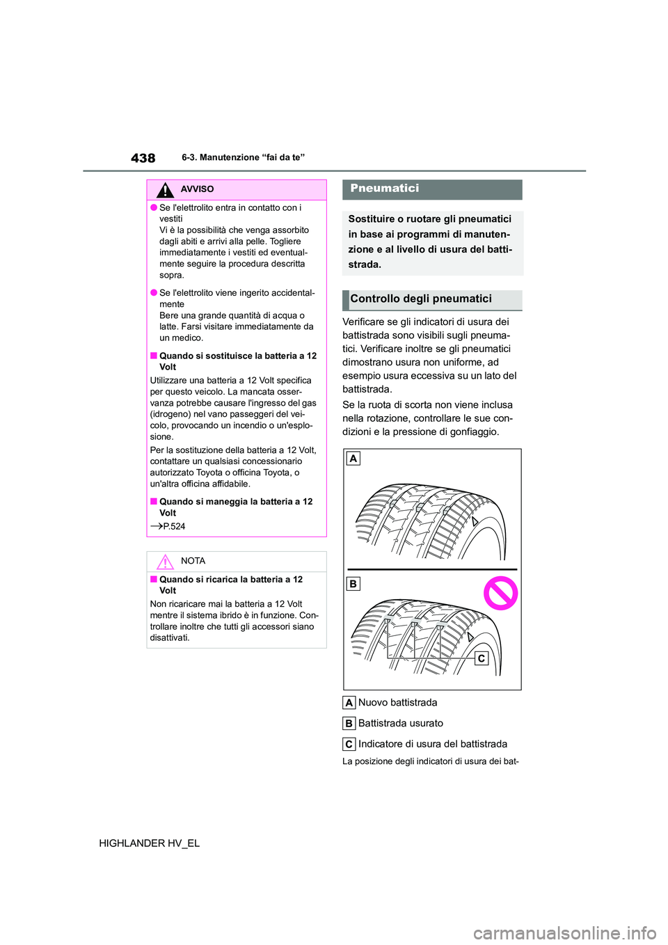TOYOTA HIGHLANDER 2020  Manuale duso (in Italian) 4386-3. Manutenzione “fai da te”
HIGHLANDER HV_EL 
Verificare se gli indicatori di usura dei  
battistrada sono visibili sugli pneuma-
tici. Verificare inoltre se gli pneumatici 
dimostrano usura 