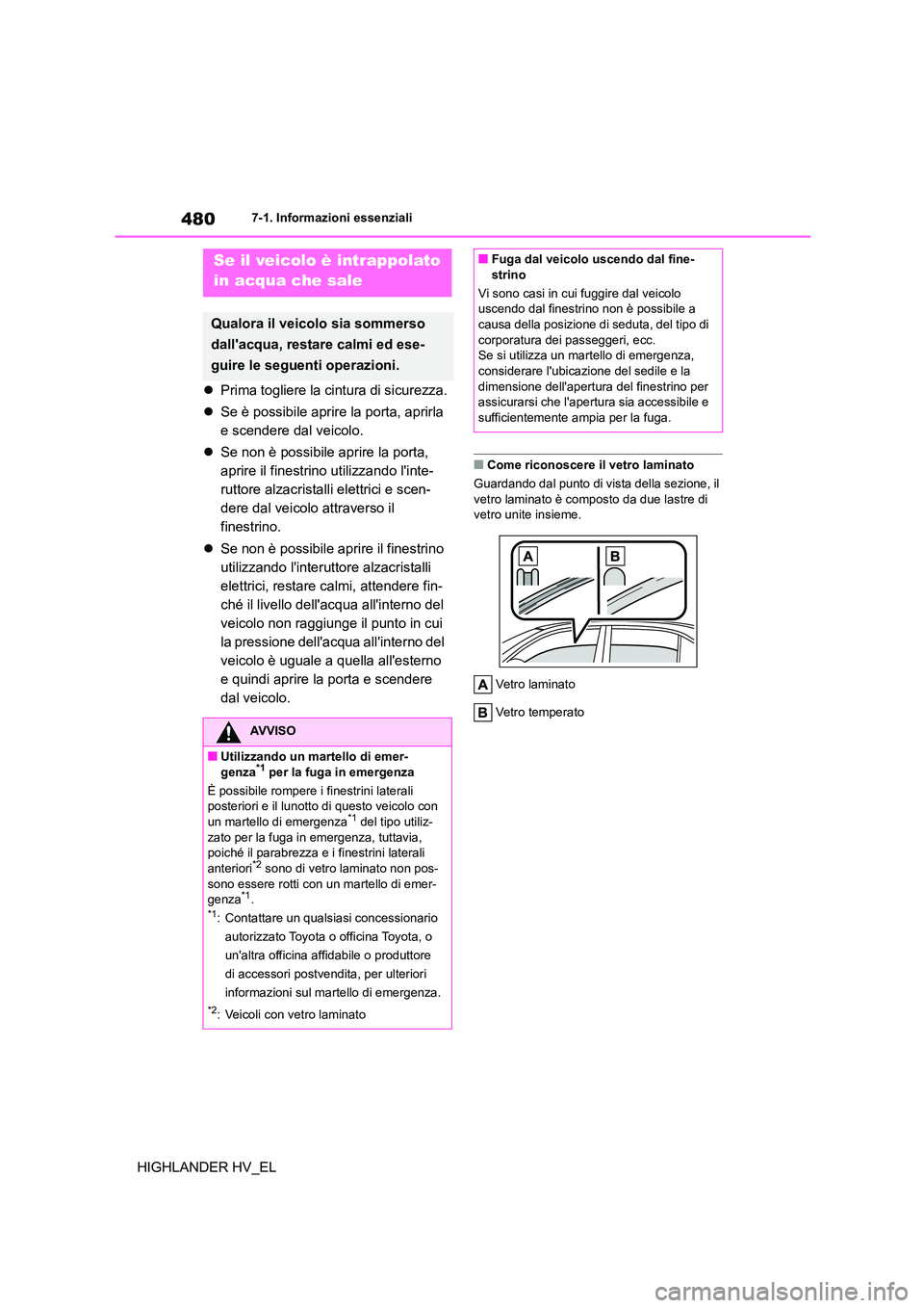 TOYOTA HIGHLANDER 2020 Manuale duso (in Italian) 4807-1. Informazioni essenziali
HIGHLANDER HV_EL
Prima togliere la cintura di sicurezza.
Se è possibile aprire la porta, aprirla
e scendere dal veicolo.
Se non è possibile aprire la TOYOTA HIGHLANDER 2020 Manuale duso (in Italian) 4807-1. Informazioni essenziali
HIGHLANDER HV_EL
Prima togliere la cintura di sicurezza.
Se è possibile aprire la porta, aprirla
e scendere dal veicolo.
Se non è possibile aprire la