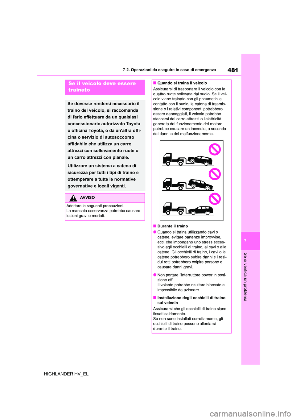 TOYOTA HIGHLANDER 2020 Manuale duso (in Italian) 481
7
7-2. Operazioni da eseguire in caso di emergenza
Se si verifica un problema
HIGHLANDER HV_EL
7-2.Operazioni da eseguire in caso di emergenzaSe il veicolo deve essere
trainato
Se dovesse rende TOYOTA HIGHLANDER 2020 Manuale duso (in Italian) 481
7
7-2. Operazioni da eseguire in caso di emergenza
Se si verifica un problema
HIGHLANDER HV_EL
7-2.Operazioni da eseguire in caso di emergenzaSe il veicolo deve essere
trainato
Se dovesse rende