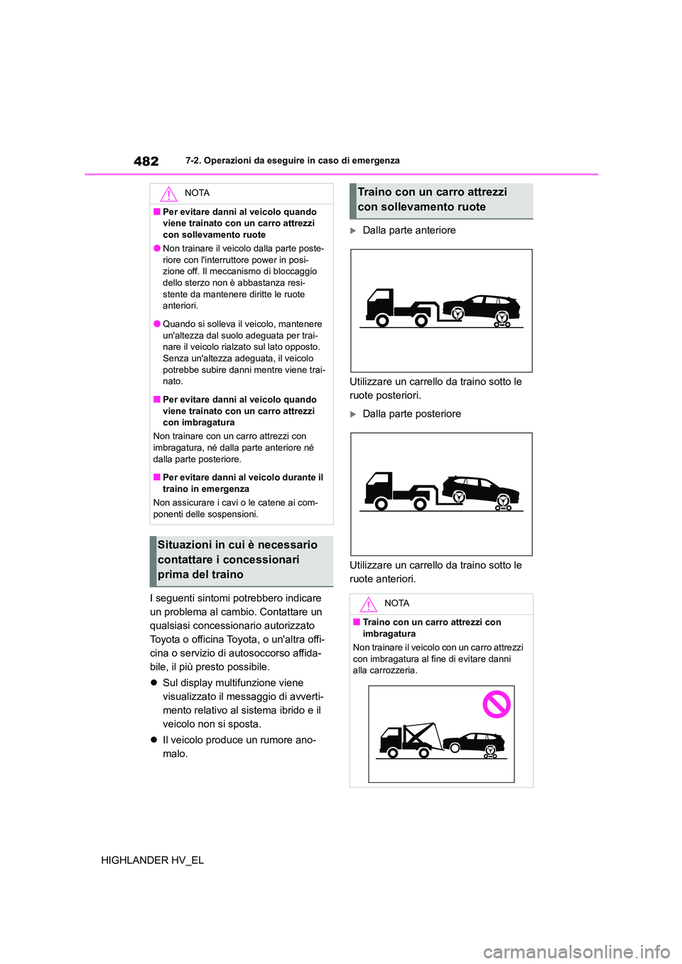 TOYOTA HIGHLANDER 2020 Manuale duso (in Italian) 4827-2. Operazioni da eseguire in caso di emergenza
HIGHLANDER HV_EL
I seguenti sintomi potrebbero indicare
un problema al cambio. Contattare un
qualsiasi concessionario autorizzato
Toyota o offi TOYOTA HIGHLANDER 2020 Manuale duso (in Italian) 4827-2. Operazioni da eseguire in caso di emergenza
HIGHLANDER HV_EL
I seguenti sintomi potrebbero indicare
un problema al cambio. Contattare un
qualsiasi concessionario autorizzato
Toyota o offi