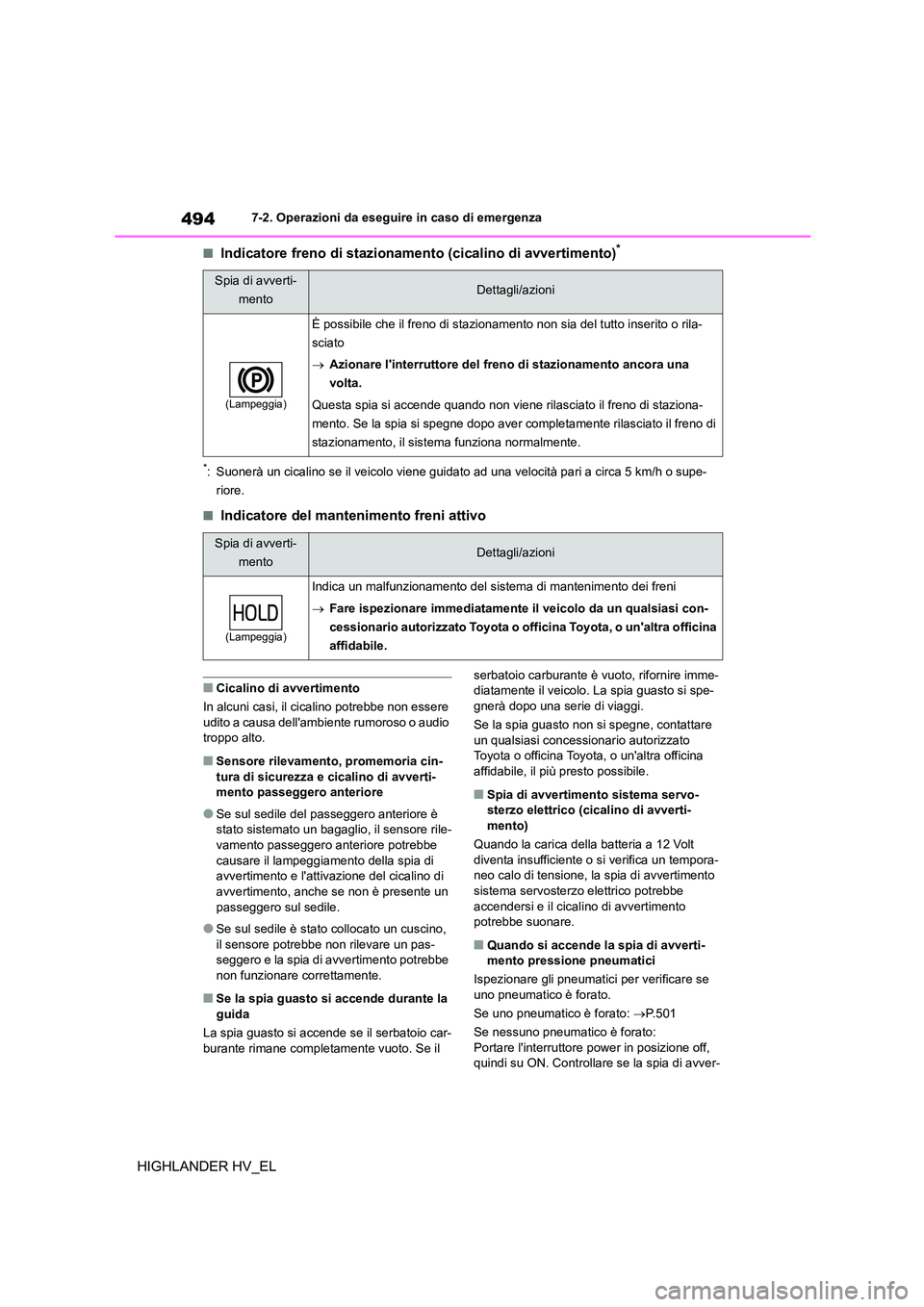 TOYOTA HIGHLANDER 2020 Manuale duso (in Italian) 4947-2. Operazioni da eseguire in caso di emergenza
HIGHLANDER HV_EL
■Indicatore freno di stazionamento (cicalino di avvertimento)*
*: Suonerà un cicalino se il veicolo viene guidato ad una velocit TOYOTA HIGHLANDER 2020 Manuale duso (in Italian) 4947-2. Operazioni da eseguire in caso di emergenza
HIGHLANDER HV_EL
■Indicatore freno di stazionamento (cicalino di avvertimento)*
*: Suonerà un cicalino se il veicolo viene guidato ad una velocit