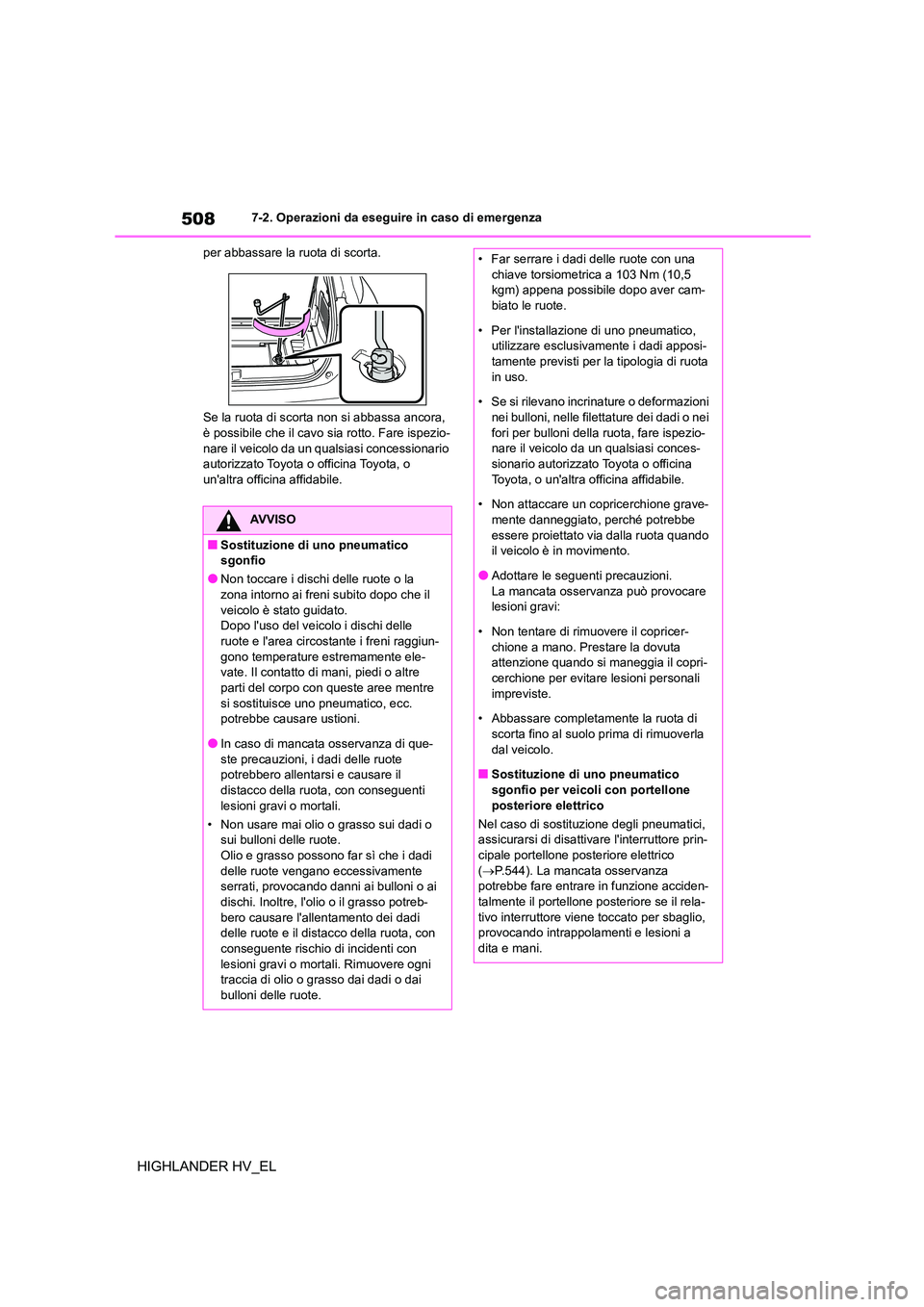 TOYOTA HIGHLANDER 2020  Manuale duso (in Italian) 5087-2. Operazioni da eseguire in caso di emergenza
HIGHLANDER HV_EL
per abbassare la ruota di scorta. 
Se la ruota di scorta non si abbassa ancora,  
è possibile che il cavo  sia rotto. Fare ispezio