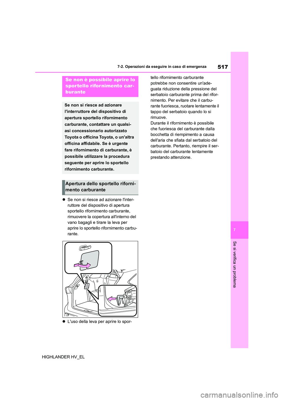 TOYOTA HIGHLANDER 2020 Manuale duso (in Italian) 517
7
7-2. Operazioni da eseguire in caso di emergenza
Se si verifica un problema
HIGHLANDER HV_EL
Se non si riesce ad azionare linter-
ruttore del dispositivo di apertura
sportello rifornime TOYOTA HIGHLANDER 2020 Manuale duso (in Italian) 517
7
7-2. Operazioni da eseguire in caso di emergenza
Se si verifica un problema
HIGHLANDER HV_EL
Se non si riesce ad azionare linter-
ruttore del dispositivo di apertura
sportello rifornime