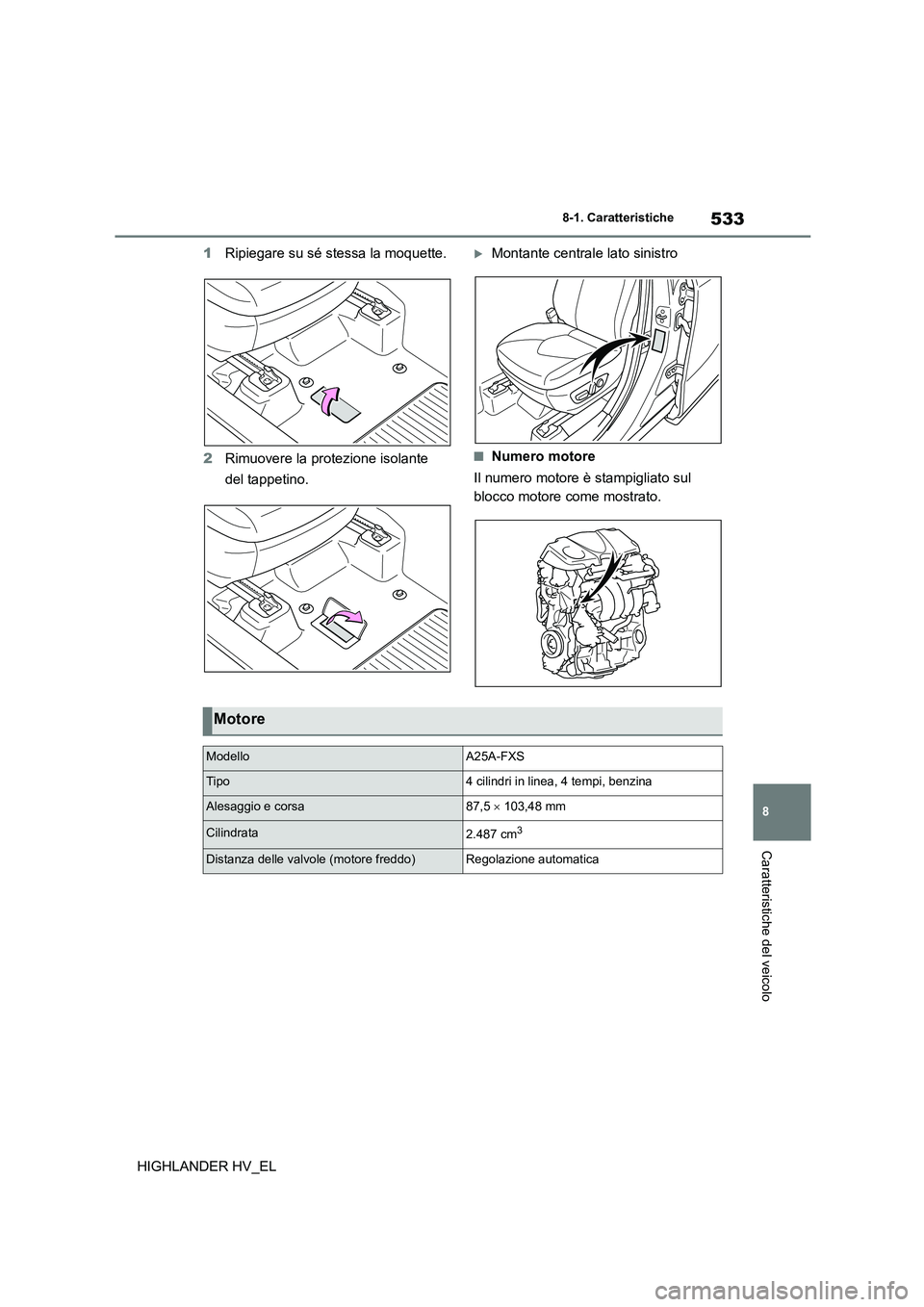 TOYOTA HIGHLANDER 2020 Manuale duso (in Italian) 533
8
8-1. Caratteristiche
Caratteristiche del veicolo
HIGHLANDER HV_EL
1 Ripiegare su sé stessa la moquette.
2 Rimuovere la protezione isolante
del tappetino.
Montante centrale lato sinistro TOYOTA HIGHLANDER 2020 Manuale duso (in Italian) 533
8
8-1. Caratteristiche
Caratteristiche del veicolo
HIGHLANDER HV_EL
1 Ripiegare su sé stessa la moquette.
2 Rimuovere la protezione isolante
del tappetino.
Montante centrale lato sinistro