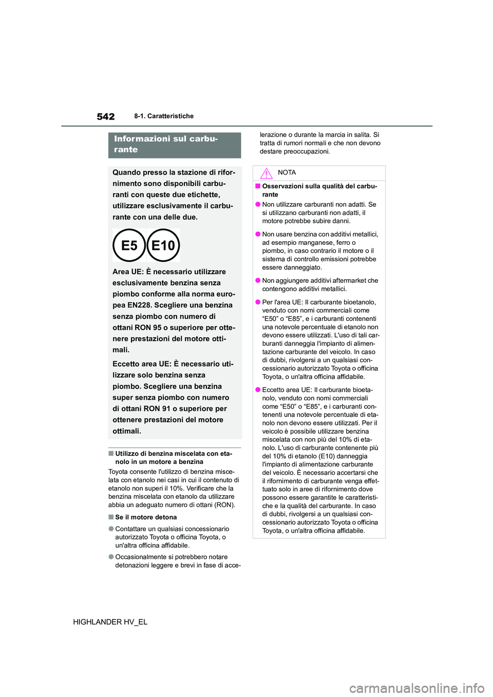 TOYOTA HIGHLANDER 2020 Manuale duso (in Italian) 5428-1. Caratteristiche
HIGHLANDER HV_EL
■Utilizzo di benzina miscelata con eta- nolo in un mo tore a benzina
Toyota consente lutil izzo di benzina misce-
lata con etanolo nei casi in cui il cont TOYOTA HIGHLANDER 2020 Manuale duso (in Italian) 5428-1. Caratteristiche
HIGHLANDER HV_EL
■Utilizzo di benzina miscelata con eta- nolo in un mo tore a benzina
Toyota consente lutil izzo di benzina misce-
lata con etanolo nei casi in cui il cont