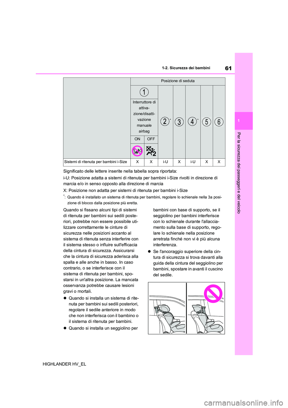 TOYOTA HIGHLANDER 2020 Manuale duso (in Italian) 61
1
1-2. Sicurezza dei bambini
Per la sicurezza dei passeggeri e del veicolo
HIGHLANDER HV_EL
Significato delle lettere inserite nella tabella sopra riportata:
i-U: Posizione adatta a sistemi di r TOYOTA HIGHLANDER 2020 Manuale duso (in Italian) 61
1
1-2. Sicurezza dei bambini
Per la sicurezza dei passeggeri e del veicolo
HIGHLANDER HV_EL
Significato delle lettere inserite nella tabella sopra riportata:
i-U: Posizione adatta a sistemi di r