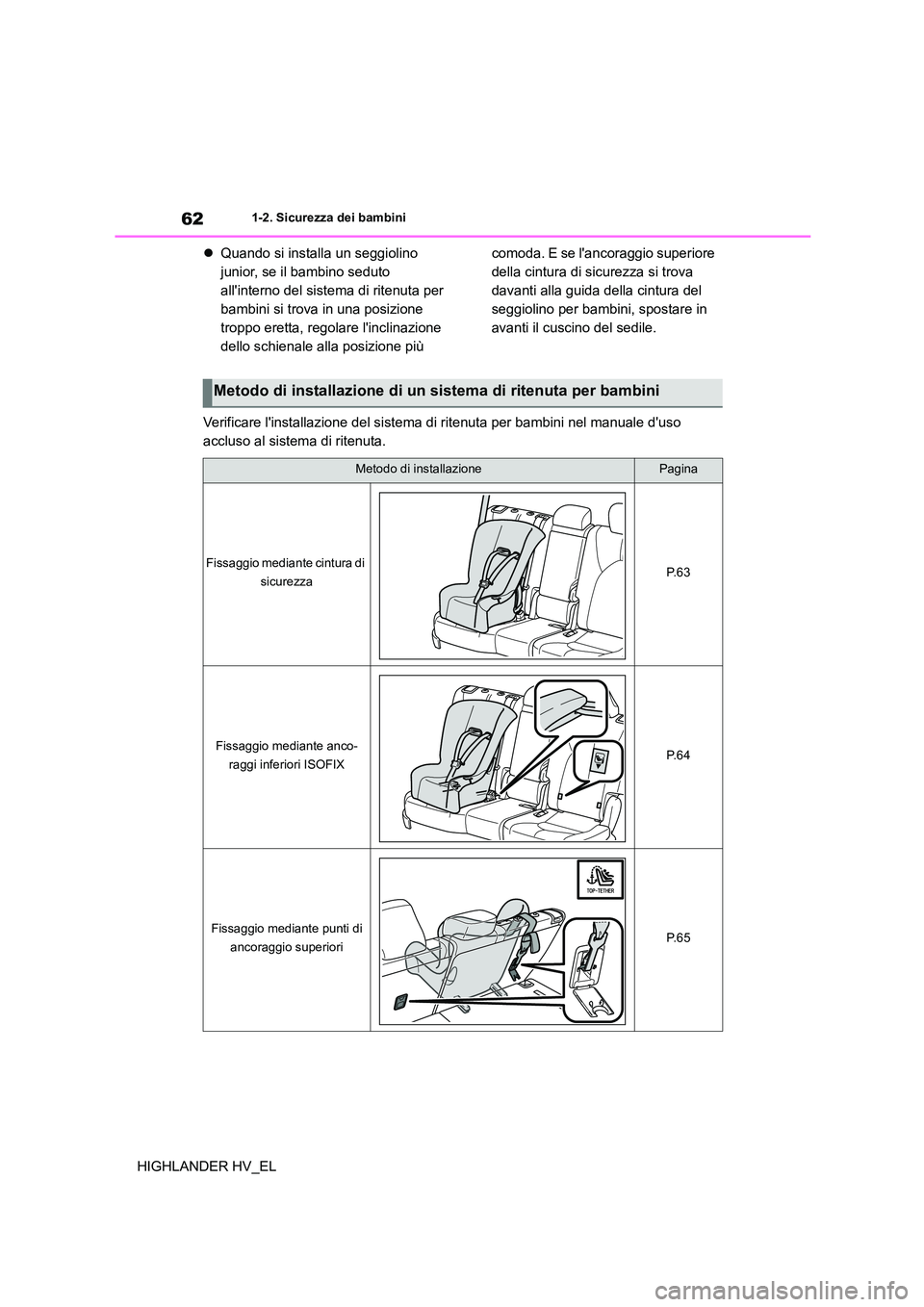 TOYOTA HIGHLANDER 2020 Manuale duso (in Italian) 621-2. Sicurezza dei bambini
HIGHLANDER HV_EL
Quando si installa un seggiolino
junior, se il bambino seduto
allinterno del sistema di ritenuta per
bambini si trova in una posizione
troppo e TOYOTA HIGHLANDER 2020 Manuale duso (in Italian) 621-2. Sicurezza dei bambini
HIGHLANDER HV_EL
Quando si installa un seggiolino
junior, se il bambino seduto
allinterno del sistema di ritenuta per
bambini si trova in una posizione
troppo e