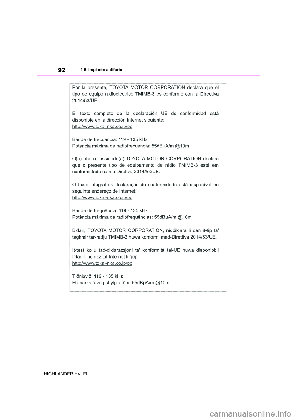 TOYOTA HIGHLANDER 2020  Manuale duso (in Italian) 921-5. Impianto antifurto
HIGHLANDER HV_EL 