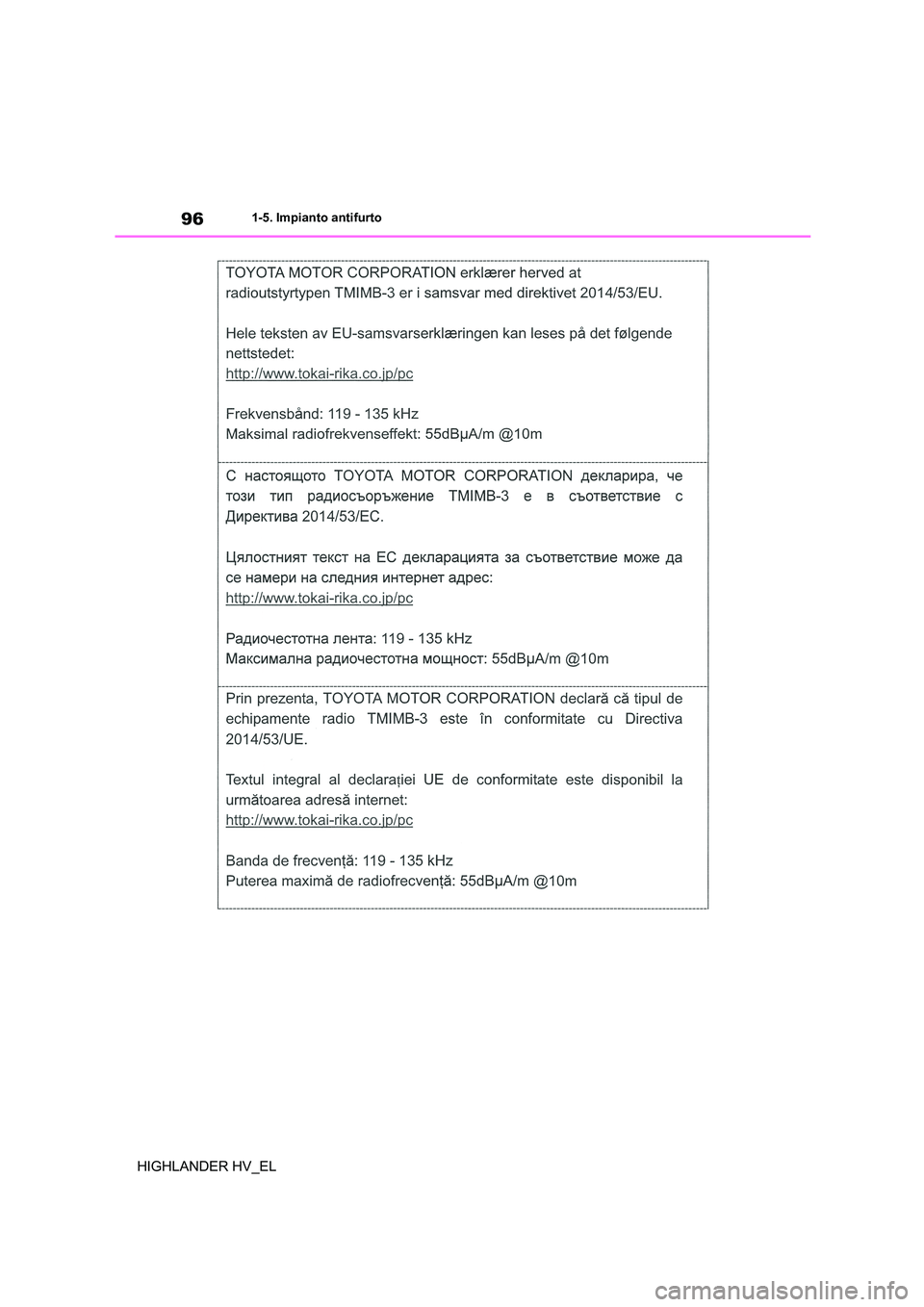 TOYOTA HIGHLANDER 2020  Manuale duso (in Italian) 961-5. Impianto antifurto
HIGHLANDER HV_EL 