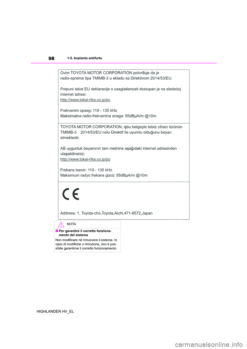 TOYOTA HIGHLANDER 2020  Manuale duso (in Italian) 981-5. Impianto antifurto
HIGHLANDER HV_EL
NOTA
■Per garantire il corretto funziona- mento del sistema 
Non modificare né rimuovere il sistema. In  
caso di modifiche o rimozione, non è pos-
sibil