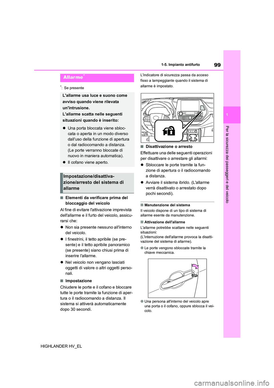 TOYOTA HIGHLANDER 2020  Manuale duso (in Italian) 99
1 
1-5. Impianto antifurto
Per la sicurezza dei passeggeri e del veicolo
HIGHLANDER HV_EL
*: Se presente
■Elementi da verificare prima del  
bloccaggio del veicolo 
Al fine di evitare lattivazio