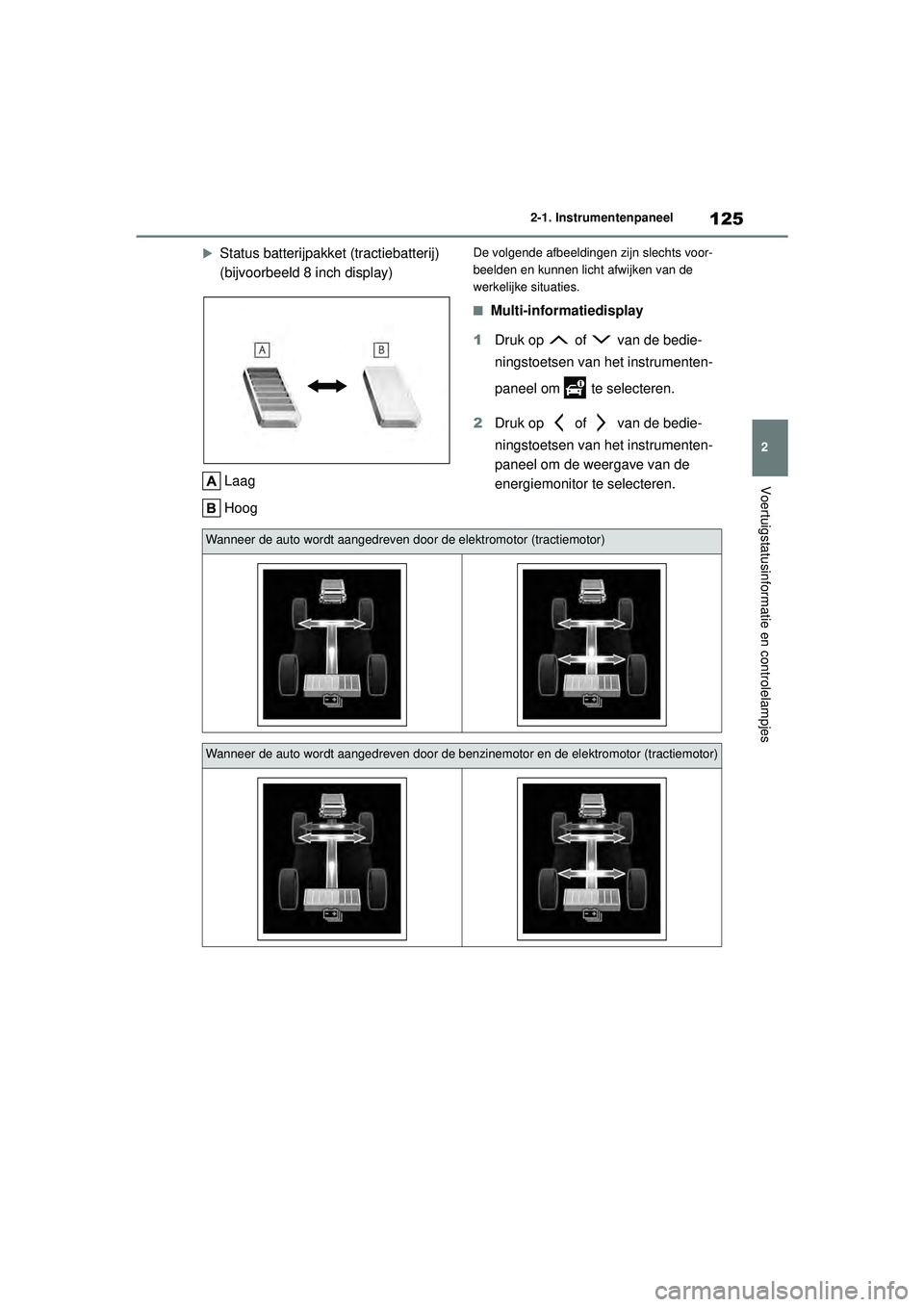 TOYOTA HIGHLANDER 2020 Instructieboekje (in Dutch) 125
2
2-1. Instrumentenpaneel
Voertuigstatusinformatie en controlelampjes
HIGHLANDER HV_EE
Status batterijpakket (tractiebatterij)
(bijvoorbeeld 8 inch display)
Laag
HoogDe volgende afbeeldingen TOYOTA HIGHLANDER 2020 Instructieboekje (in Dutch) 125
2
2-1. Instrumentenpaneel
Voertuigstatusinformatie en controlelampjes
HIGHLANDER HV_EE
Status batterijpakket (tractiebatterij)
(bijvoorbeeld 8 inch display)
Laag
HoogDe volgende afbeeldingen