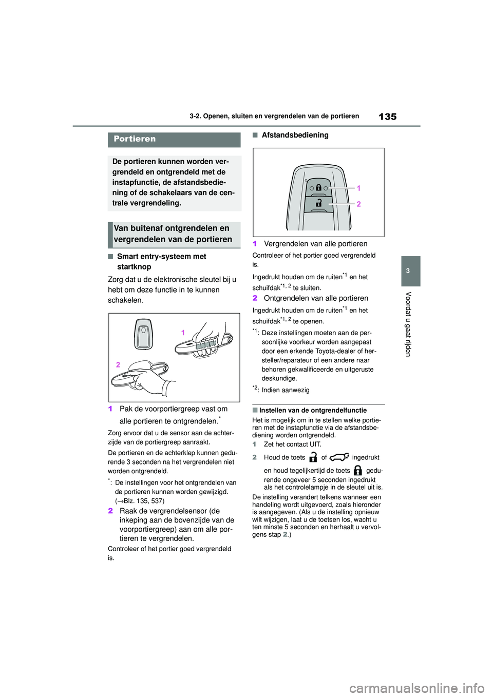 TOYOTA HIGHLANDER 2020 Instructieboekje (in Dutch) 135
3
3-2. Openen, sluiten en vergrendelen van de portieren
Voordat u gaat rijden
HIGHLANDER HV_EE
3-2.Openen, sluiten en vergrendelen van de portieren
■Smart entry-systeem met
startknop
Zorg dat u TOYOTA HIGHLANDER 2020 Instructieboekje (in Dutch) 135
3
3-2. Openen, sluiten en vergrendelen van de portieren
Voordat u gaat rijden
HIGHLANDER HV_EE
3-2.Openen, sluiten en vergrendelen van de portieren
■Smart entry-systeem met
startknop
Zorg dat u