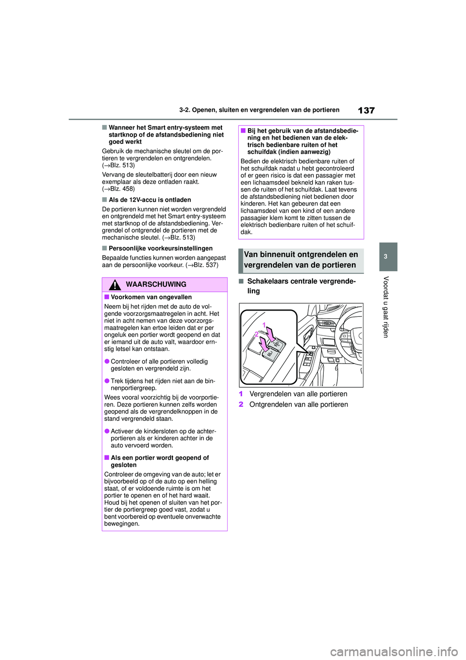 TOYOTA HIGHLANDER 2020  Instructieboekje (in Dutch) 137
3
3-2. Openen, sluiten en vergrendelen van de portieren
Voordat u gaat rijden
HIGHLANDER HV_EE
■Wanneer het Smart entry-systeem met 
startknop of de afstandsbediening niet 
goed werkt
Gebruik de