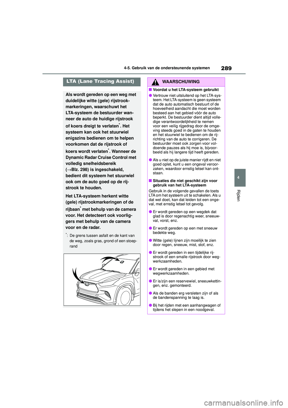 TOYOTA HIGHLANDER 2020 Instructieboekje (in Dutch) 289
4
4-5. Gebruik van de ondersteunende systemen
Rijden
HIGHLANDER HV_EE
LTA (Lane Tracing Assist)
Als wordt gereden op een weg met
duidelijke witte (gele) rijstrook-
markeringen, waarschuwt het
LT TOYOTA HIGHLANDER 2020 Instructieboekje (in Dutch) 289
4
4-5. Gebruik van de ondersteunende systemen
Rijden
HIGHLANDER HV_EE
LTA (Lane Tracing Assist)
Als wordt gereden op een weg met
duidelijke witte (gele) rijstrook-
markeringen, waarschuwt het
LT