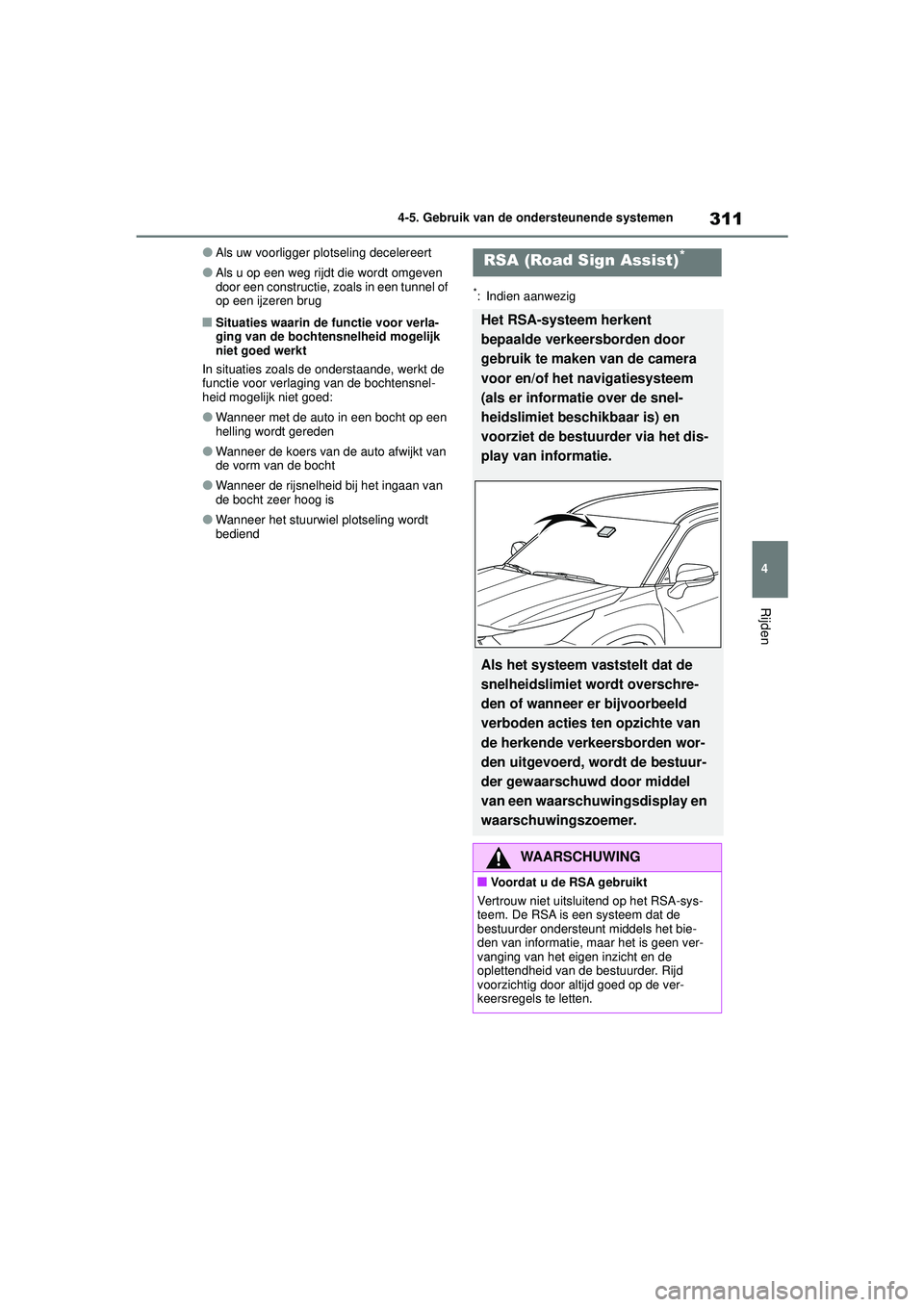 TOYOTA HIGHLANDER 2020 Instructieboekje (in Dutch) 311
4
4-5. Gebruik van de ondersteunende systemen
Rijden
HIGHLANDER HV_EE
●Als uw voorligger plotseling decelereert
●Als u op een weg rijdt die wordt omgeven
door een constructie, zoals in een tu TOYOTA HIGHLANDER 2020 Instructieboekje (in Dutch) 311
4
4-5. Gebruik van de ondersteunende systemen
Rijden
HIGHLANDER HV_EE
●Als uw voorligger plotseling decelereert
●Als u op een weg rijdt die wordt omgeven
door een constructie, zoals in een tu