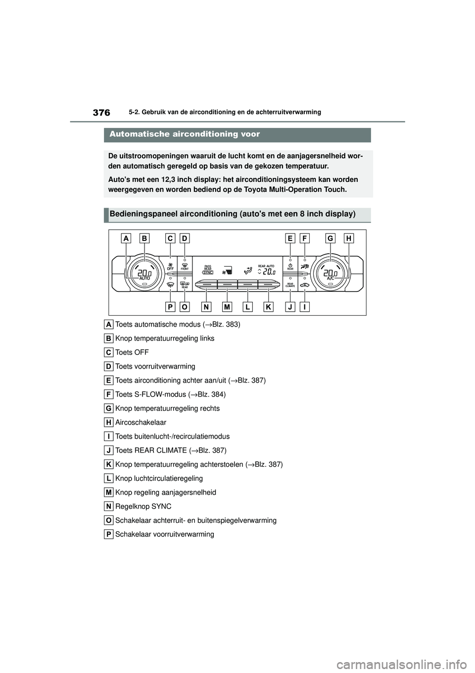 TOYOTA HIGHLANDER 2020 Instructieboekje (in Dutch) 3765-2. Gebruik van de airconditioning en de achterruitverwarming
HIGHLANDER HV_EE
5-2.Gebruik van de airconditioning en de achterruitverwarming
Toets automatische modus ( →Blz. 383)
Knop temperatuu TOYOTA HIGHLANDER 2020 Instructieboekje (in Dutch) 3765-2. Gebruik van de airconditioning en de achterruitverwarming
HIGHLANDER HV_EE
5-2.Gebruik van de airconditioning en de achterruitverwarming
Toets automatische modus ( →Blz. 383)
Knop temperatuu