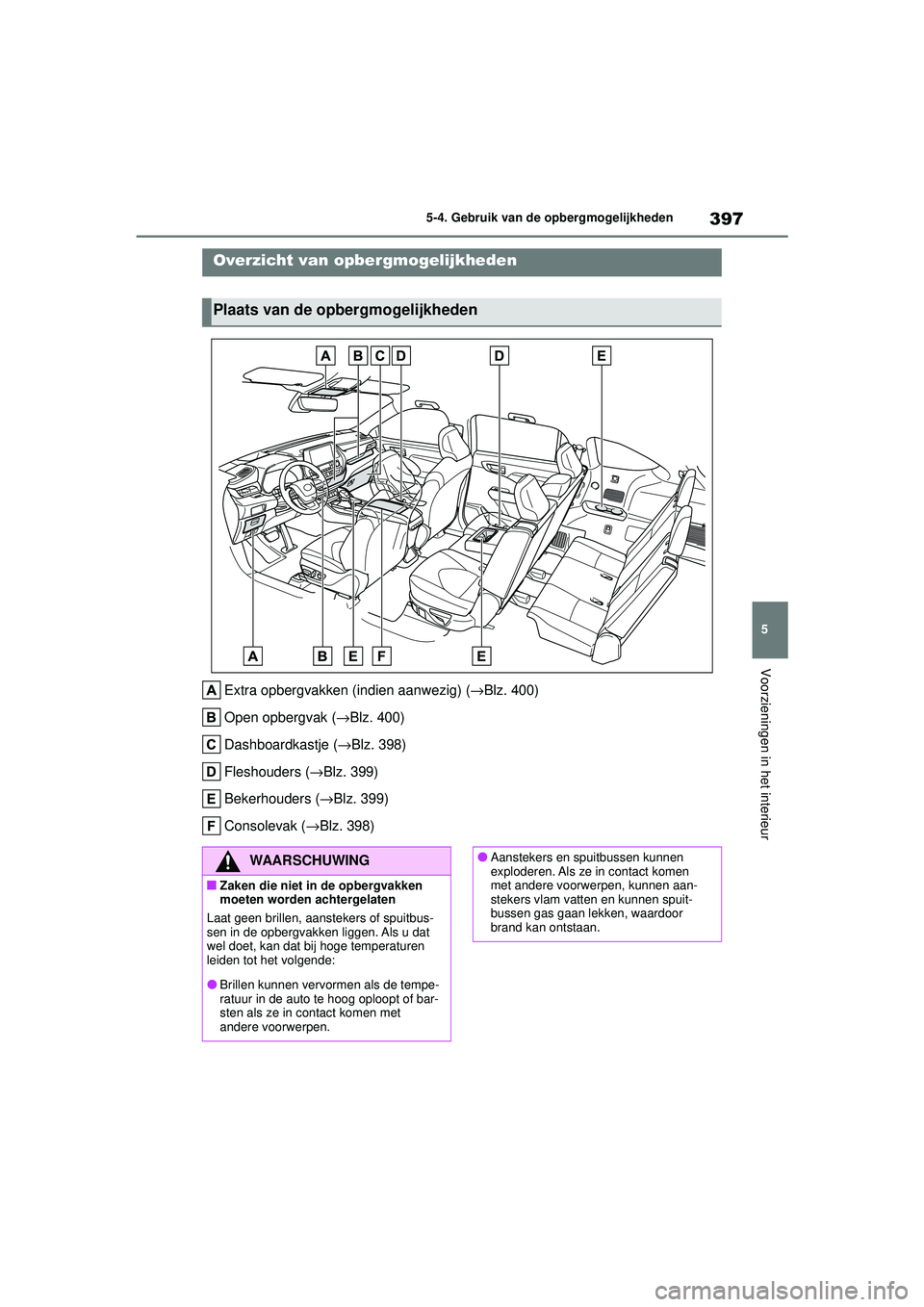 TOYOTA HIGHLANDER 2020 Instructieboekje (in Dutch) 397
5
5-4. Gebruik van de opbergmogelijkheden
Voorzieningen in het interieur
HIGHLANDER HV_EE
5-4.Gebruik van de opbergmogelijkheden
Extra opbergvakken (indien aanwezig) (→Blz. 400)
Open opbergvak ( TOYOTA HIGHLANDER 2020 Instructieboekje (in Dutch) 397
5
5-4. Gebruik van de opbergmogelijkheden
Voorzieningen in het interieur
HIGHLANDER HV_EE
5-4.Gebruik van de opbergmogelijkheden
Extra opbergvakken (indien aanwezig) (→Blz. 400)
Open opbergvak (