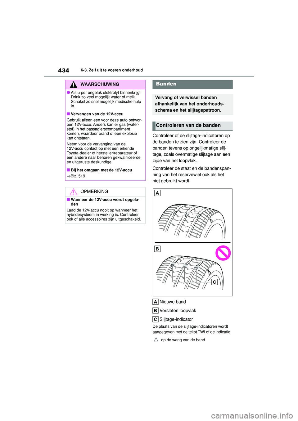 TOYOTA HIGHLANDER 2020 Instructieboekje (in Dutch) 4346-3. Zelf uit te voeren onderhoud
HIGHLANDER HV_EE
Controleer of de slijtage-indicatoren op
de banden te zien zijn. Controleer de
banden tevens op ongelijkmatige slij-
tage, zoals overmatige slij TOYOTA HIGHLANDER 2020 Instructieboekje (in Dutch) 4346-3. Zelf uit te voeren onderhoud
HIGHLANDER HV_EE
Controleer of de slijtage-indicatoren op
de banden te zien zijn. Controleer de
banden tevens op ongelijkmatige slij-
tage, zoals overmatige slij