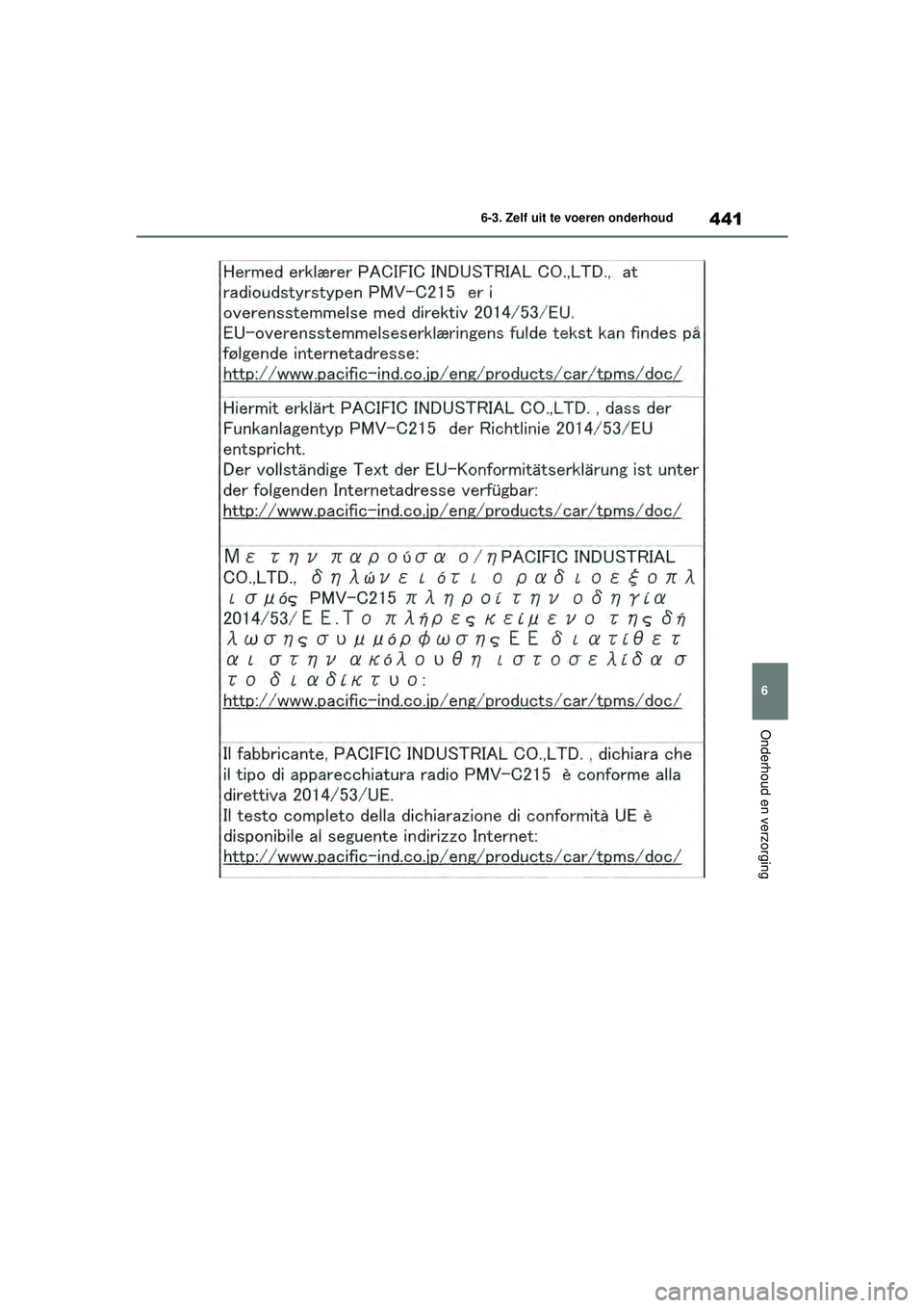 TOYOTA HIGHLANDER 2020 Instructieboekje (in Dutch) 441
6
6-3. Zelf uit te voeren onderhoud
Onderhoud en verzorging
HIGHLANDER HV_EE
HIGHLANDER-HYBRID_OM_Europe_OM48G42E.book Page
441 Thursday, September 3, 2020 8:42 AM TOYOTA HIGHLANDER 2020 Instructieboekje (in Dutch) 441
6
6-3. Zelf uit te voeren onderhoud
Onderhoud en verzorging
HIGHLANDER HV_EE
HIGHLANDER-HYBRID_OM_Europe_OM48G42E.book Page
441 Thursday, September 3, 2020 8:42 AM