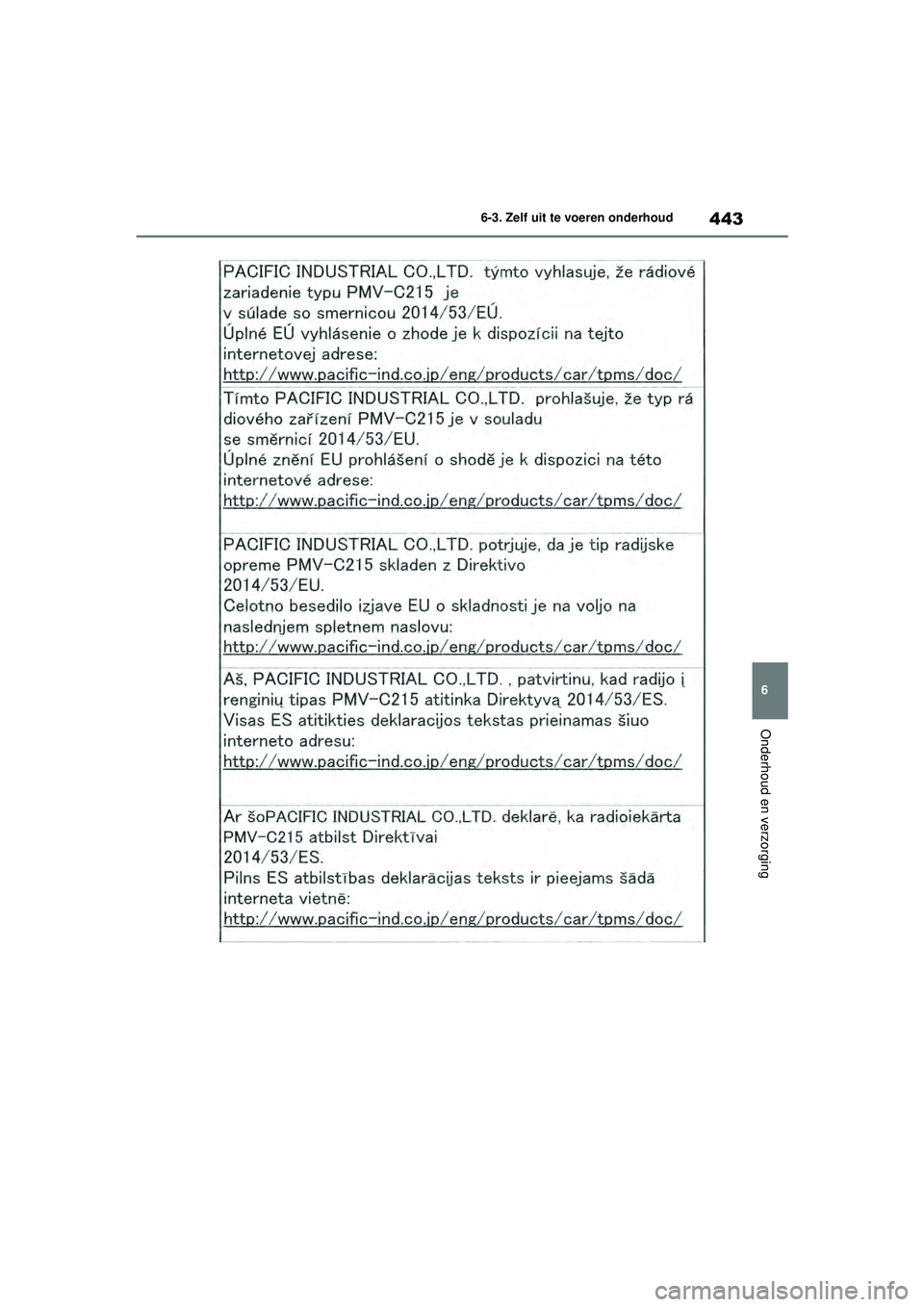 TOYOTA HIGHLANDER 2020 Instructieboekje (in Dutch) 443
6
6-3. Zelf uit te voeren onderhoud
Onderhoud en verzorging
HIGHLANDER HV_EE
HIGHLANDER-HYBRID_OM_Europe_OM48G42E.book Page
443 Thursday, September 3, 2020 8:42 AM TOYOTA HIGHLANDER 2020 Instructieboekje (in Dutch) 443
6
6-3. Zelf uit te voeren onderhoud
Onderhoud en verzorging
HIGHLANDER HV_EE
HIGHLANDER-HYBRID_OM_Europe_OM48G42E.book Page
443 Thursday, September 3, 2020 8:42 AM