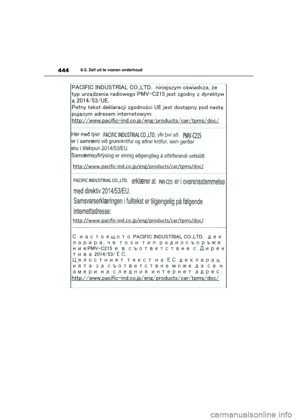 TOYOTA HIGHLANDER 2020 Instructieboekje (in Dutch) 4446-3. Zelf uit te voeren onderhoud
HIGHLANDER HV_EE
HIGHLANDER-HYBRID_OM_Europe_OM48G42E.book Page 444 Thursday, September 3, 2020 8:42 AM TOYOTA HIGHLANDER 2020 Instructieboekje (in Dutch) 4446-3. Zelf uit te voeren onderhoud
HIGHLANDER HV_EE
HIGHLANDER-HYBRID_OM_Europe_OM48G42E.book Page 444 Thursday, September 3, 2020 8:42 AM