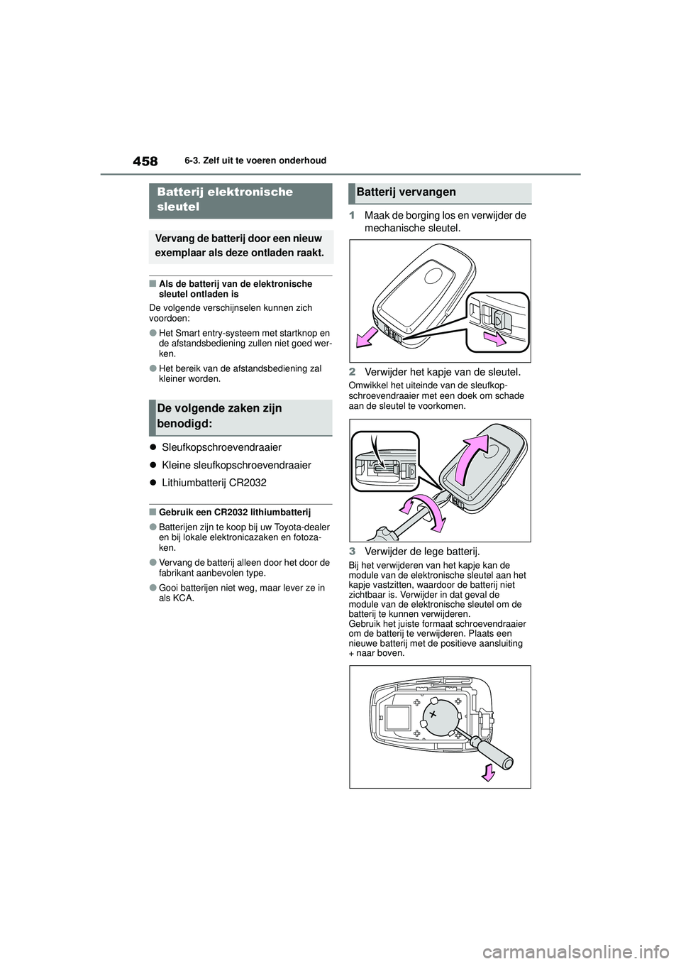 TOYOTA HIGHLANDER 2020 Instructieboekje (in Dutch) 4586-3. Zelf uit te voeren onderhoud
HIGHLANDER HV_EE
■Als de batterij van de elektronische
sleutel ontladen is
De volgende verschijnselen kunnen zich
voordoen:
●Het Smart entry-systeem met star TOYOTA HIGHLANDER 2020 Instructieboekje (in Dutch) 4586-3. Zelf uit te voeren onderhoud
HIGHLANDER HV_EE
■Als de batterij van de elektronische
sleutel ontladen is
De volgende verschijnselen kunnen zich
voordoen:
●Het Smart entry-systeem met star