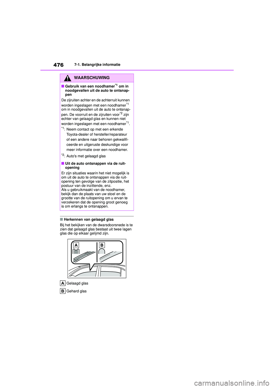 TOYOTA HIGHLANDER 2020 Instructieboekje (in Dutch) 4767-1. Belangrijke informatie
HIGHLANDER HV_EE
■Herkennen van gelaagd glas
Bij het bekijken van de dwarsdoorsnede is te
zien dat gelaagd glas bestaat uit twee lagen
glas die op elkaar gelijmd zi TOYOTA HIGHLANDER 2020 Instructieboekje (in Dutch) 4767-1. Belangrijke informatie
HIGHLANDER HV_EE
■Herkennen van gelaagd glas
Bij het bekijken van de dwarsdoorsnede is te
zien dat gelaagd glas bestaat uit twee lagen
glas die op elkaar gelijmd zi