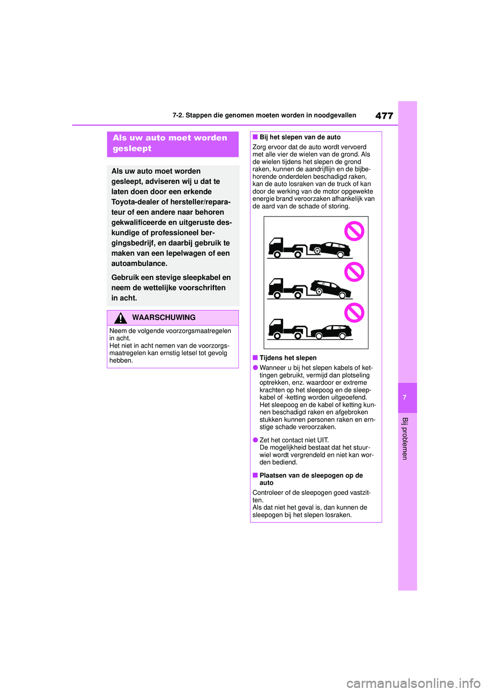 TOYOTA HIGHLANDER 2020 Instructieboekje (in Dutch) 477
7
7-2. Stappen die genomen moeten worden in noodgevallen
Bij problemen
HIGHLANDER HV_EE
7-2.Stappen die genomen moeten worden in noodgevallenAls uw auto moet worden
gesleept
Als uw auto moet word TOYOTA HIGHLANDER 2020 Instructieboekje (in Dutch) 477
7
7-2. Stappen die genomen moeten worden in noodgevallen
Bij problemen
HIGHLANDER HV_EE
7-2.Stappen die genomen moeten worden in noodgevallenAls uw auto moet worden
gesleept
Als uw auto moet word