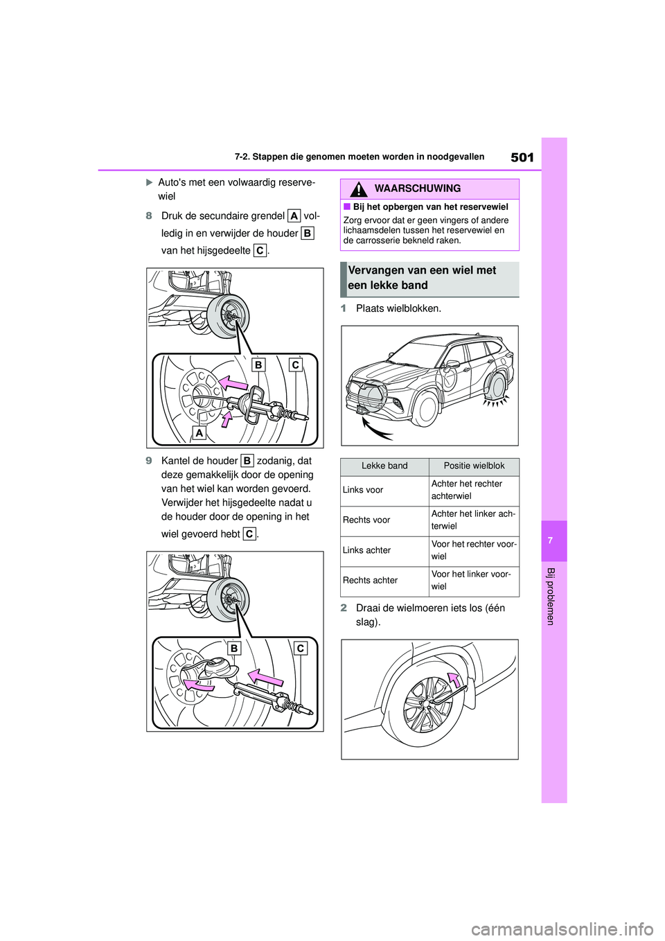 TOYOTA HIGHLANDER 2020 Instructieboekje (in Dutch) 501
7
7-2. Stappen die genomen moeten worden in noodgevallen
Bij problemen
HIGHLANDER HV_EE
Autos met een volwaardig reserve-
wiel
8 Druk de secundaire grendel vol-
ledig in en verwijder de hou TOYOTA HIGHLANDER 2020 Instructieboekje (in Dutch) 501
7
7-2. Stappen die genomen moeten worden in noodgevallen
Bij problemen
HIGHLANDER HV_EE
Autos met een volwaardig reserve-
wiel
8 Druk de secundaire grendel vol-
ledig in en verwijder de hou
