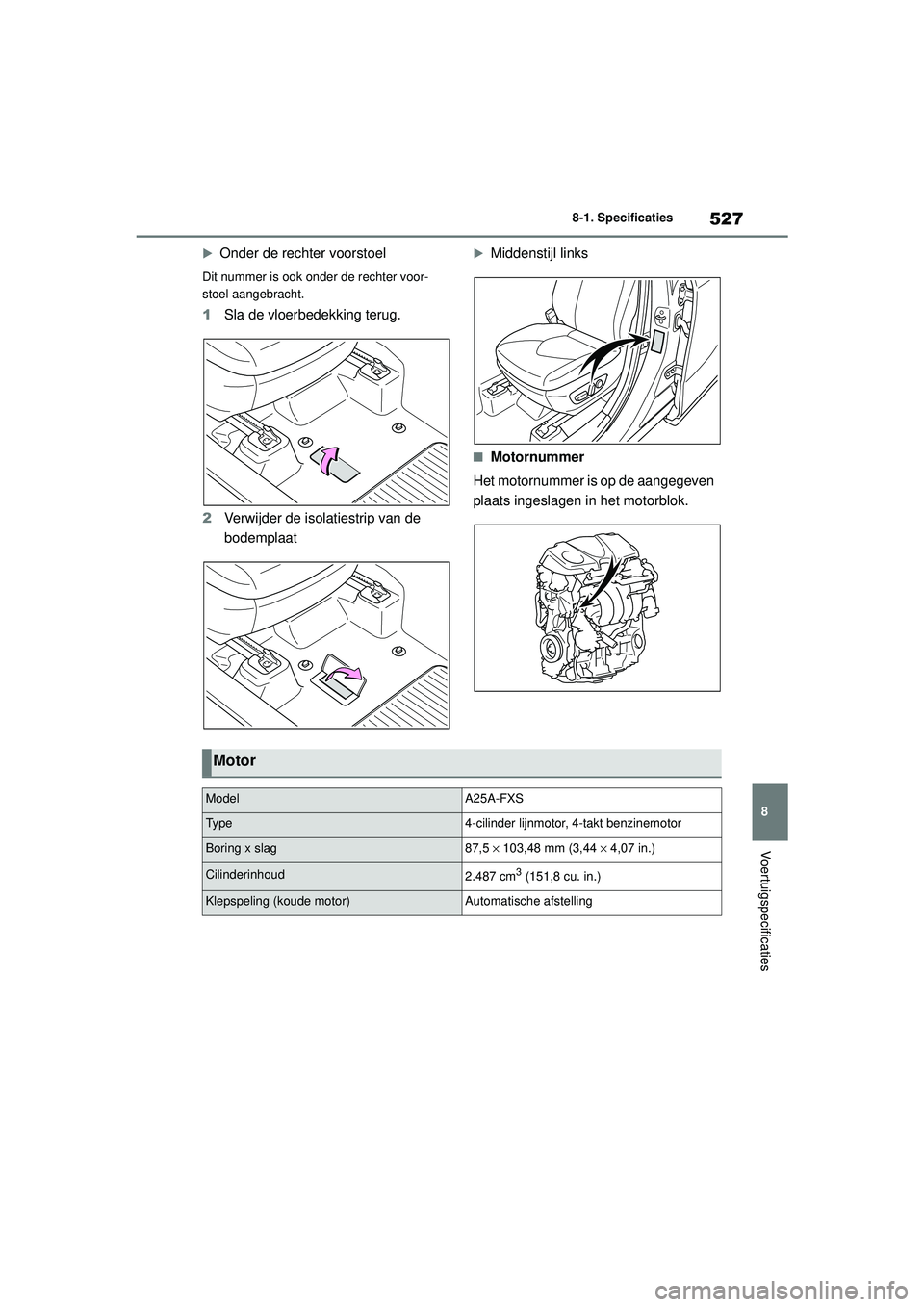 TOYOTA HIGHLANDER 2020  Instructieboekje (in Dutch) 527
8
8-1. Specificaties
Voertuigspecificaties
HIGHLANDER HV_EE 
Onder de rech
ter voorstoel
Dit nummer is ook onder de rechter voor-
stoel aangebracht.
1Sla de vloerbedekking terug.
2 Verwijder de