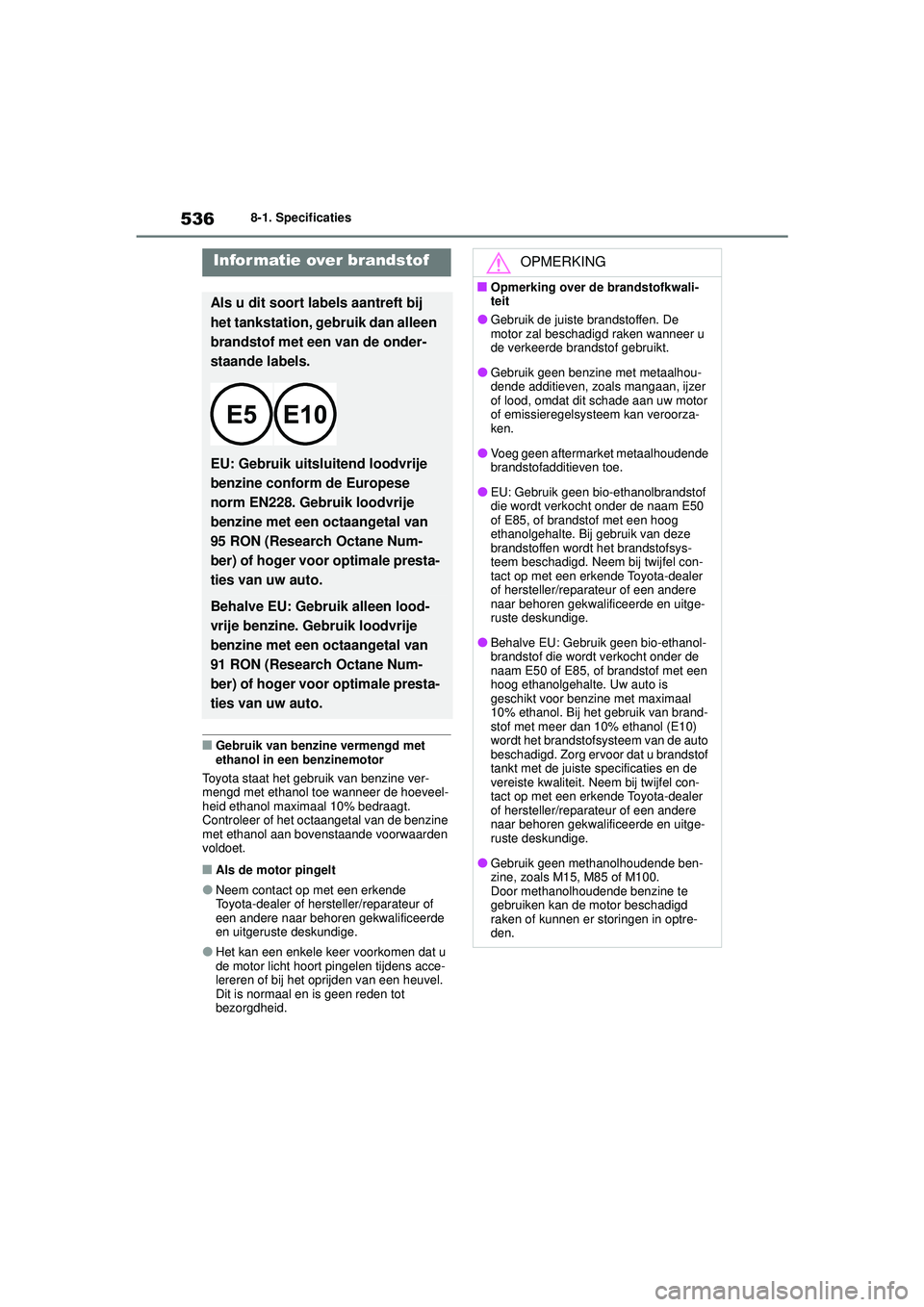 TOYOTA HIGHLANDER 2020 Instructieboekje (in Dutch) 5368-1. Specificaties
HIGHLANDER HV_EE
■Gebruik van benzine vermengd met
ethanol in een benzinemotor
Toyota staat het gebruik van benzine ver-
mengd met ethanol toe wanneer de hoeveel-
heid ethanol TOYOTA HIGHLANDER 2020 Instructieboekje (in Dutch) 5368-1. Specificaties
HIGHLANDER HV_EE
■Gebruik van benzine vermengd met
ethanol in een benzinemotor
Toyota staat het gebruik van benzine ver-
mengd met ethanol toe wanneer de hoeveel-
heid ethanol