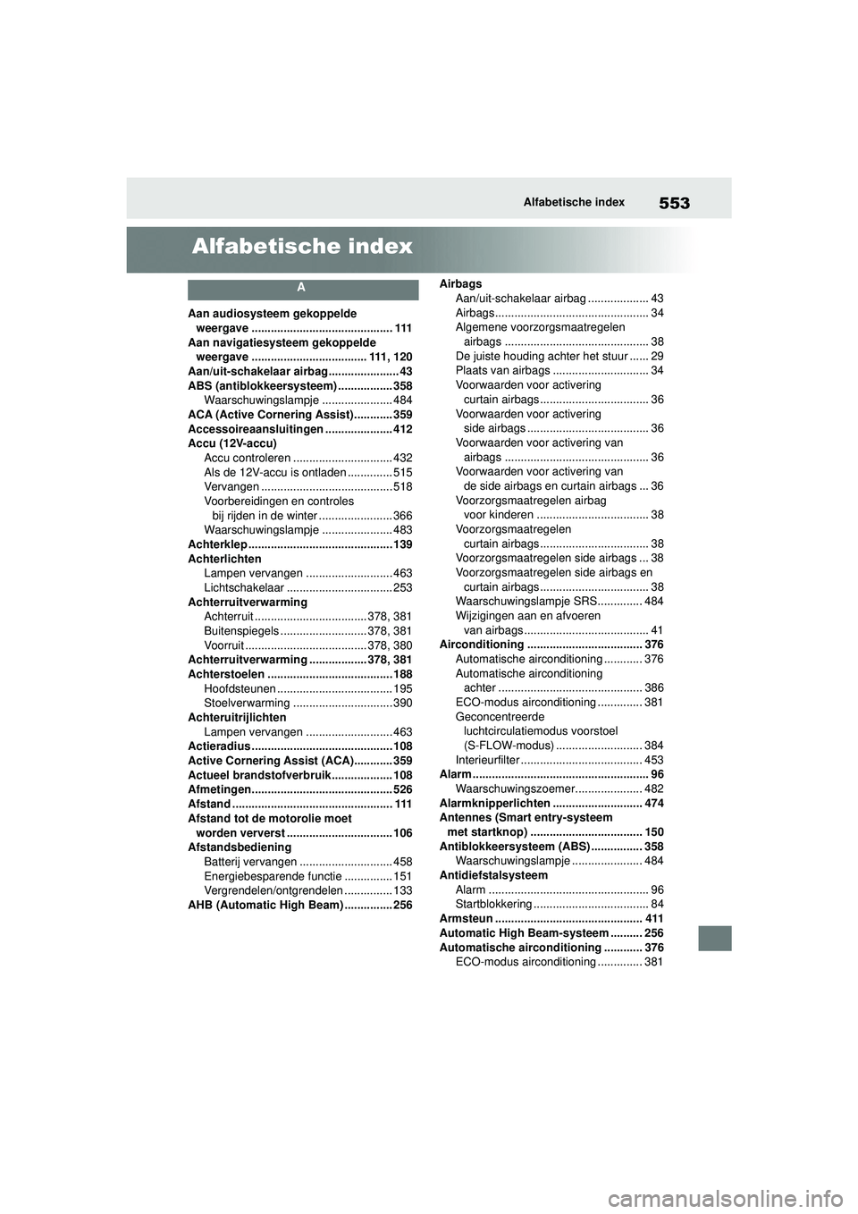 TOYOTA HIGHLANDER 2020 Instructieboekje (in Dutch) 553Alfabetische index
HIGHLANDER HV_EE
Alfabetische index
A
Aan audiosysteem gekoppelde weergave ............................................ 111
Aan navigatiesysteem gekoppelde weergave ............ TOYOTA HIGHLANDER 2020 Instructieboekje (in Dutch) 553Alfabetische index
HIGHLANDER HV_EE
Alfabetische index
A
Aan audiosysteem gekoppelde weergave ............................................ 111
Aan navigatiesysteem gekoppelde weergave ............