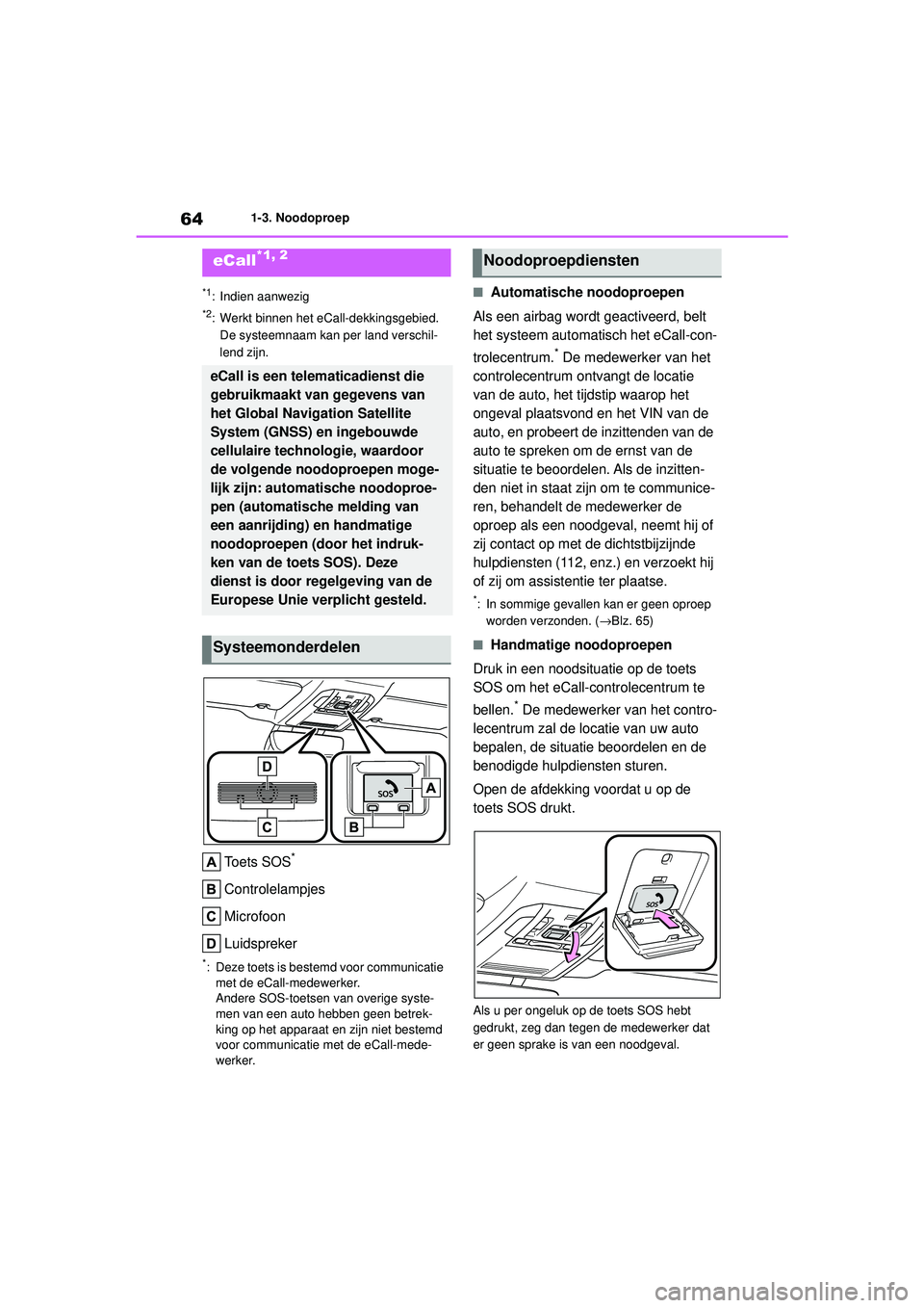 TOYOTA HIGHLANDER 2020 Instructieboekje (in Dutch) 641-3. Noodoproep
HIGHLANDER HV_EE
*1: Indien aanwezig
*2: Werkt binnen het eCall-dekkingsgebied. De systeemnaam kan per land verschil-
lend zijn.
Toets SOS*
Controlelampjes
Microfoon
Luidspreker
*: TOYOTA HIGHLANDER 2020 Instructieboekje (in Dutch) 641-3. Noodoproep
HIGHLANDER HV_EE
*1: Indien aanwezig
*2: Werkt binnen het eCall-dekkingsgebied. De systeemnaam kan per land verschil-
lend zijn.
Toets SOS*
Controlelampjes
Microfoon
Luidspreker
*: