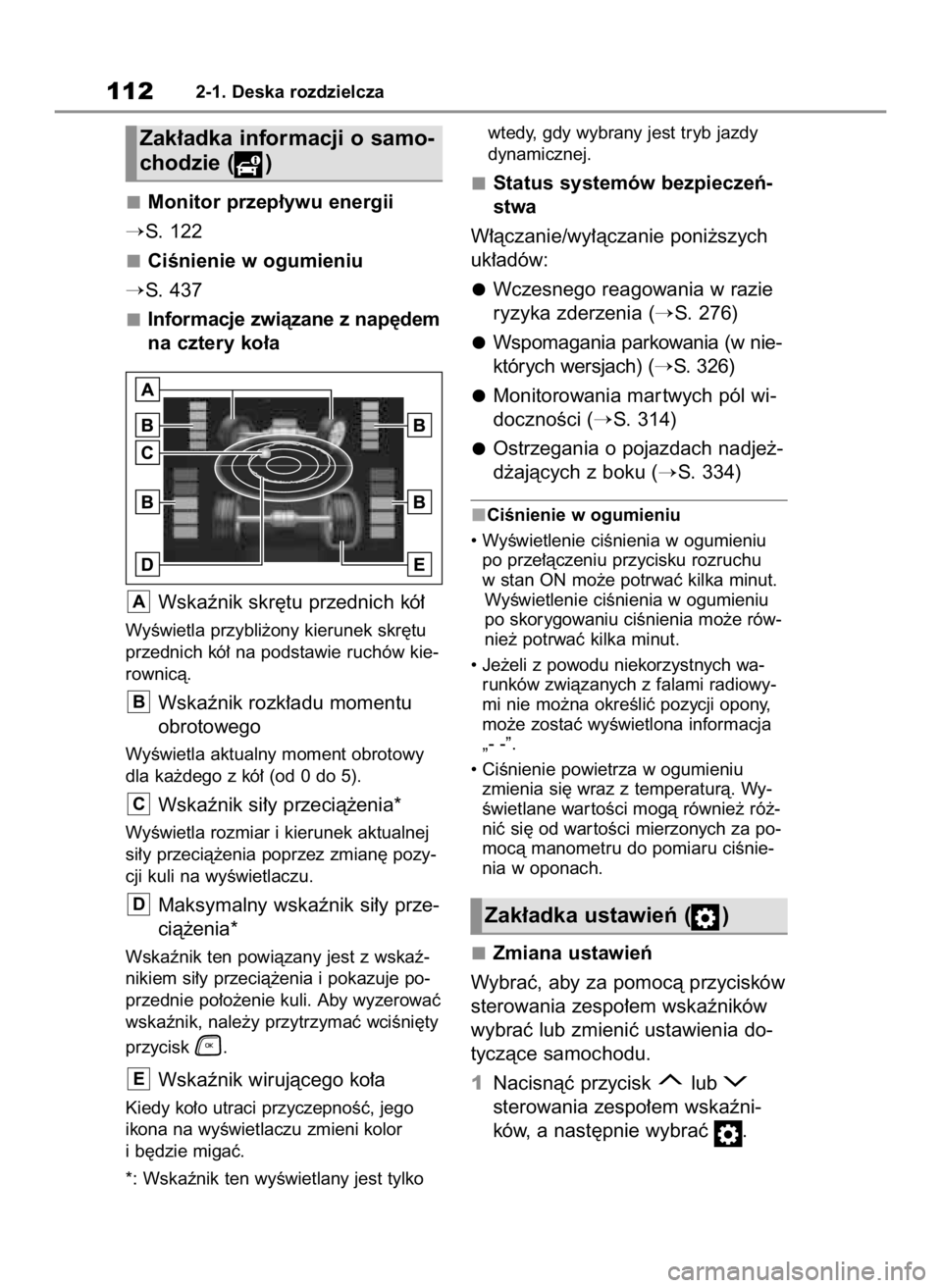 TOYOTA HIGHLANDER 2020  Instrukcja obsługi (in Polish) Monitor przep∏ywu energii
S. 122
CiÊnienie w ogumieniu
S. 437
Informacje zwiàzane z nap´dem
na cztery ko∏a
Wskaênik skr´tu przednich kó∏
WyÊwietla przybli˝ony kierunek skr´tu
przednic