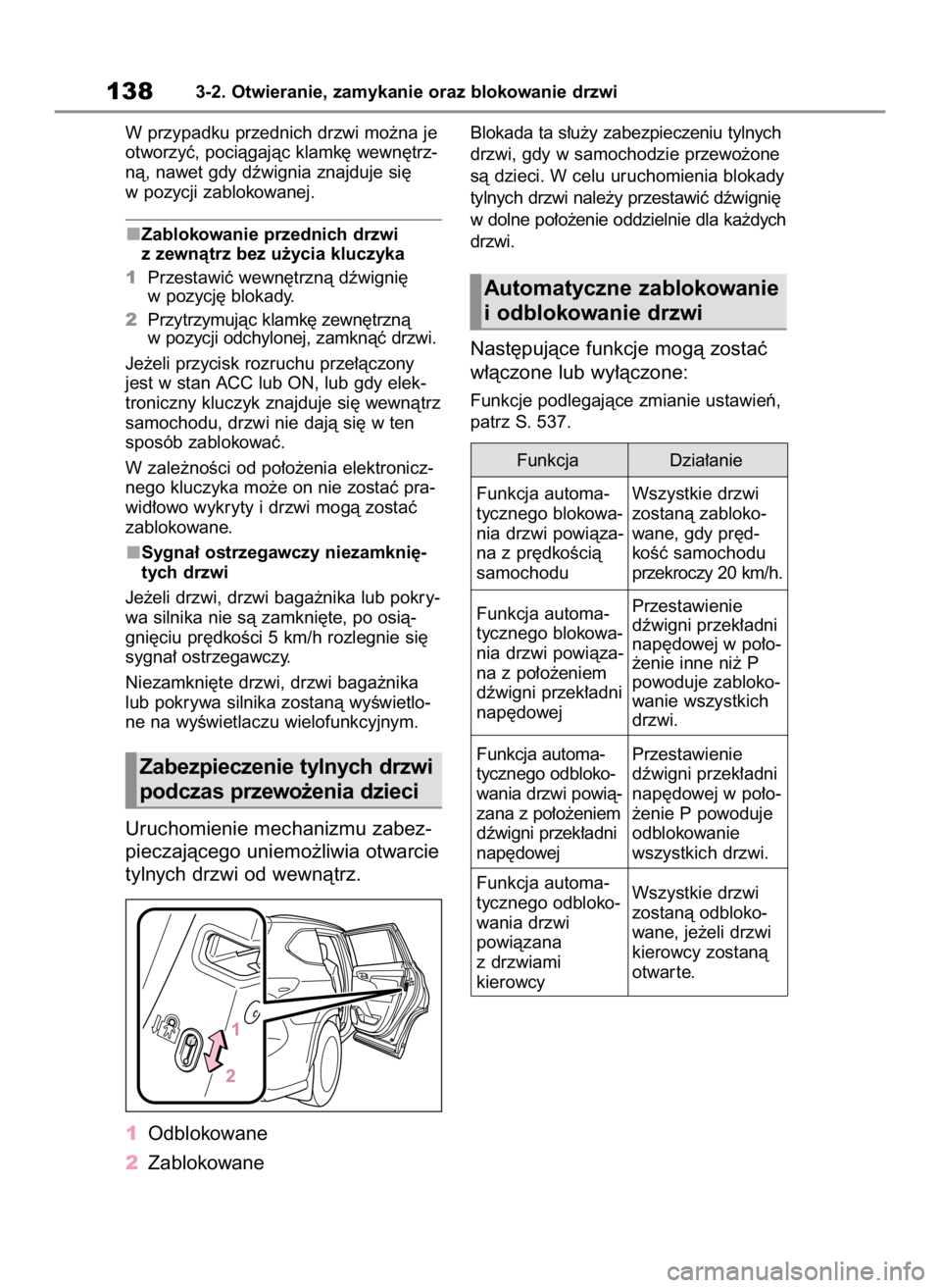 TOYOTA HIGHLANDER 2020  Instrukcja obsługi (in Polish) W przypadku przednich drzwi mo˝na je
otworzyç, pociàgajàc klamk´ wewn´trz-
nà, nawet gdy dêwignia znajduje si´
w pozycji zablokowanej.
Zablokowanie przednich drzwi
z zewnàtrz bez u˝ycia klu