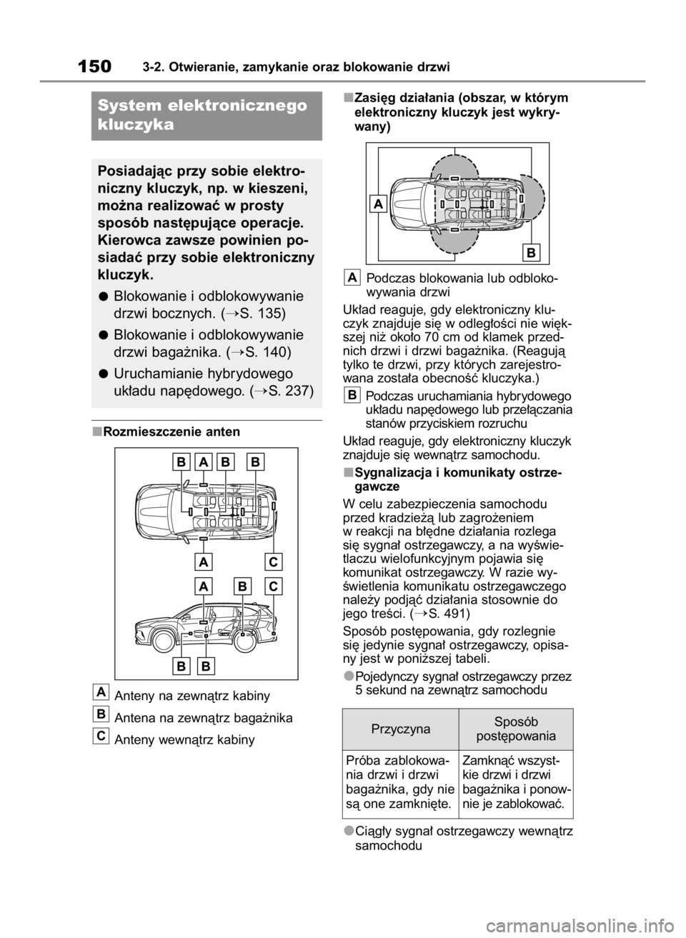 TOYOTA HIGHLANDER 2020  Instrukcja obsługi (in Polish) Rozmieszczenie anten
Anteny na zewnàtrz kabiny
Antena na zewnàtrz baga˝nika
Anteny wewnàtrz kabinyZasi´g dzia∏ania (obszar, w którym
elektroniczny kluczyk jest wykry-
wany)
Podczas blokowania 