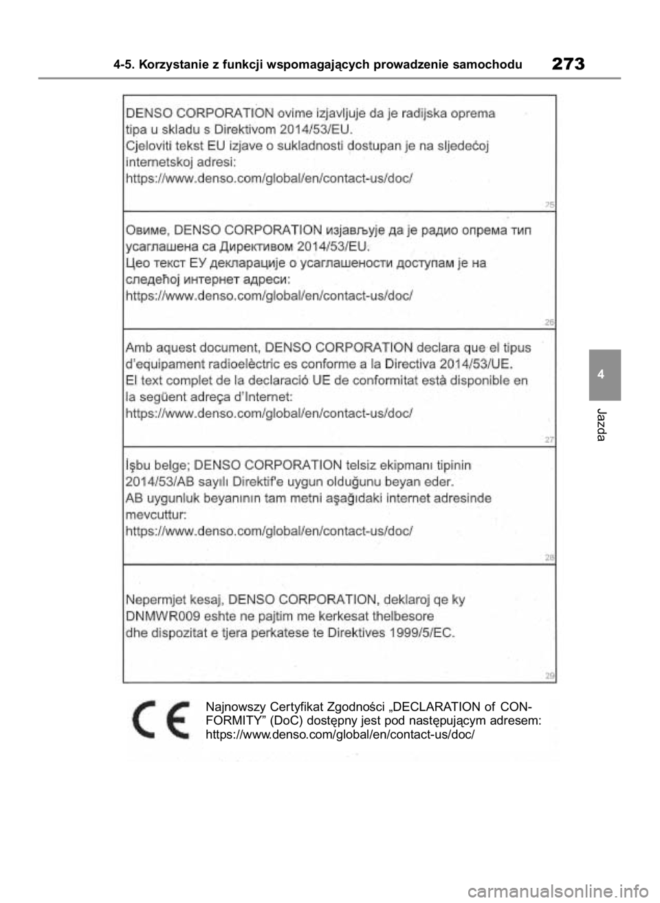TOYOTA HIGHLANDER 2020  Instrukcja obsługi (in Polish) Jazda
4-5. Korzystanie z funkcji wspomagajàcych prowadzenie samochodu273
4
Najnowszy Cer tyfikat ZgodnoÊci „DECLARATION of CON-
FORMITY” (DoC) dost´pny jest pod nast´pujàcym adresem:
https://